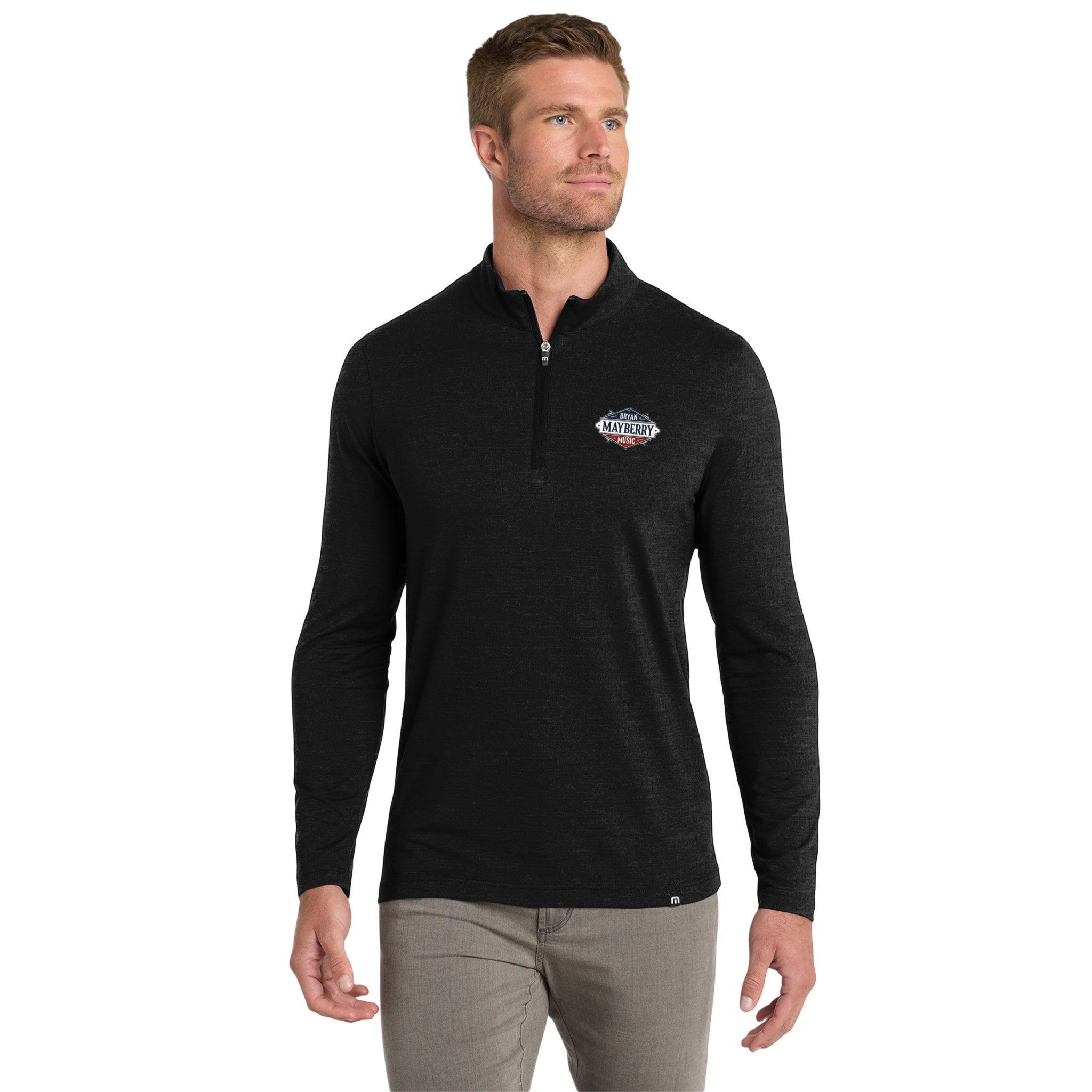 TravisMathew  1/4 zip with embroidered logo on left chest - Cozy Men’s 1/4 Zip Sweatshirt, Casual Attire, Golf or Outdoor Wear. Embroidered with Bryan Mayberry Music Logo