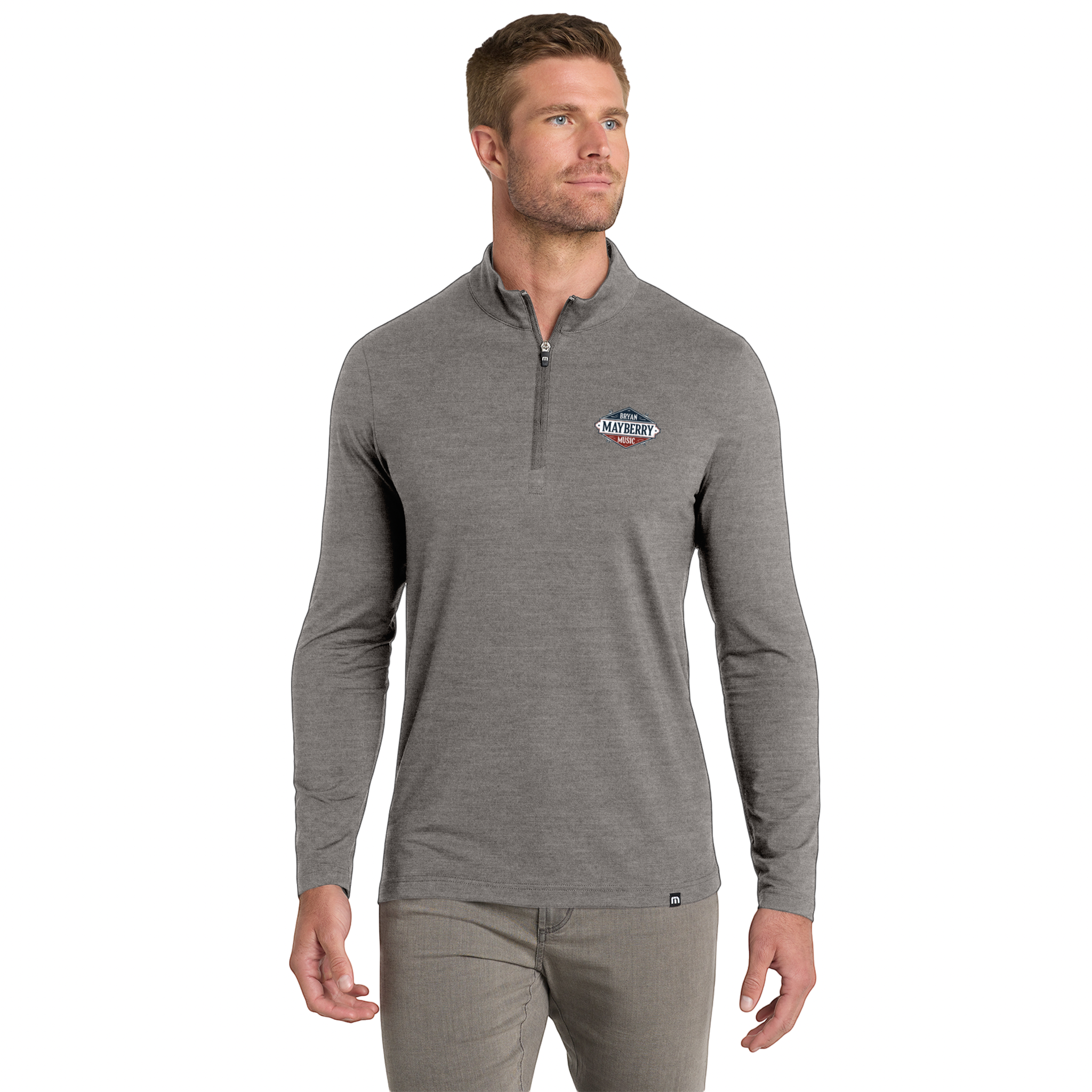 TravisMathew  1/4 zip with embroidered logo on left chest - Cozy Men’s 1/4 Zip Sweatshirt, Casual Attire, Golf or Outdoor Wear. Embroidered with Bryan Mayberry Music Logo product thumbnail image