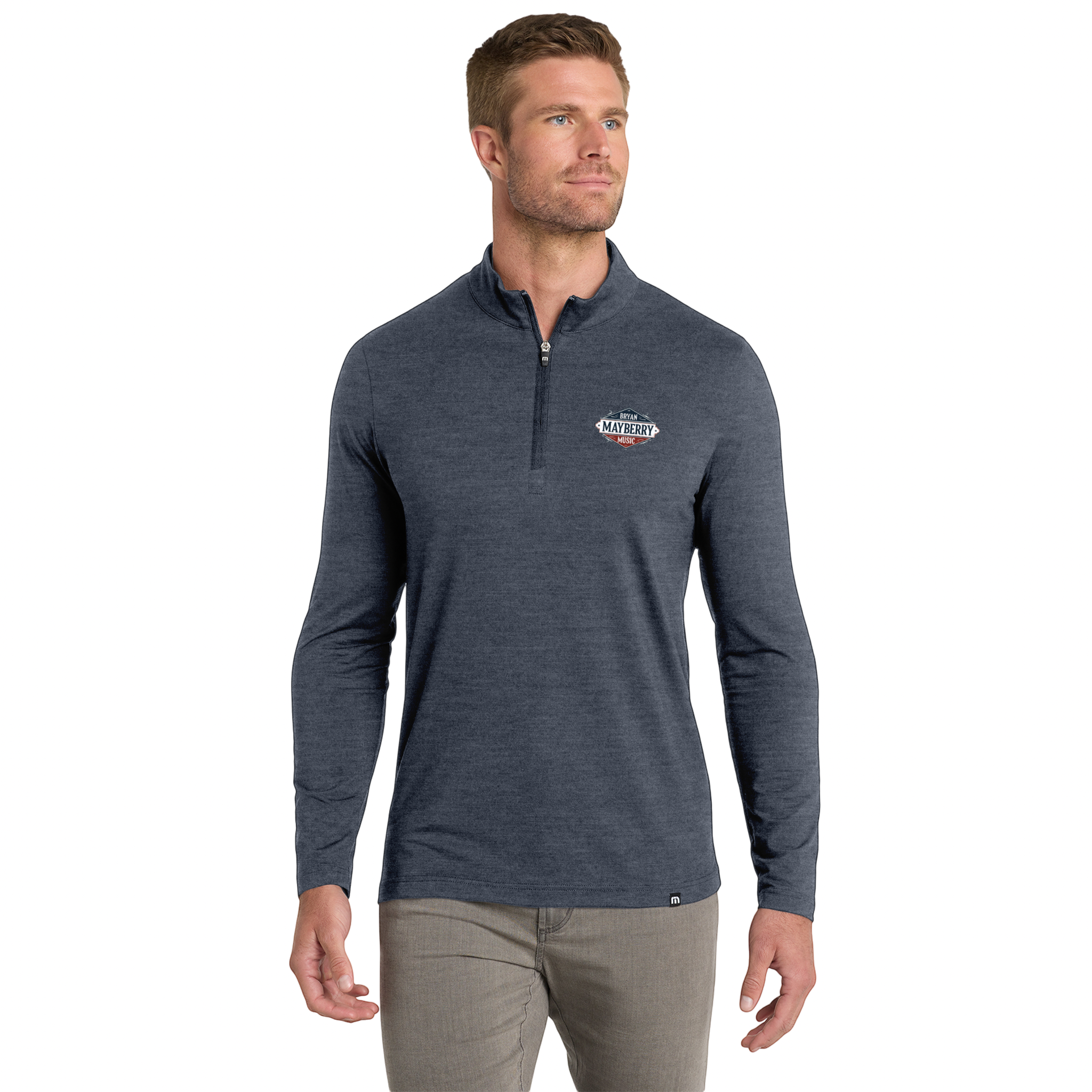 TravisMathew  1/4 zip with embroidered logo on left chest - Cozy Men’s 1/4 Zip Sweatshirt, Casual Attire, Golf or Outdoor Wear. Embroidered with Bryan Mayberry Music Logo product thumbnail image