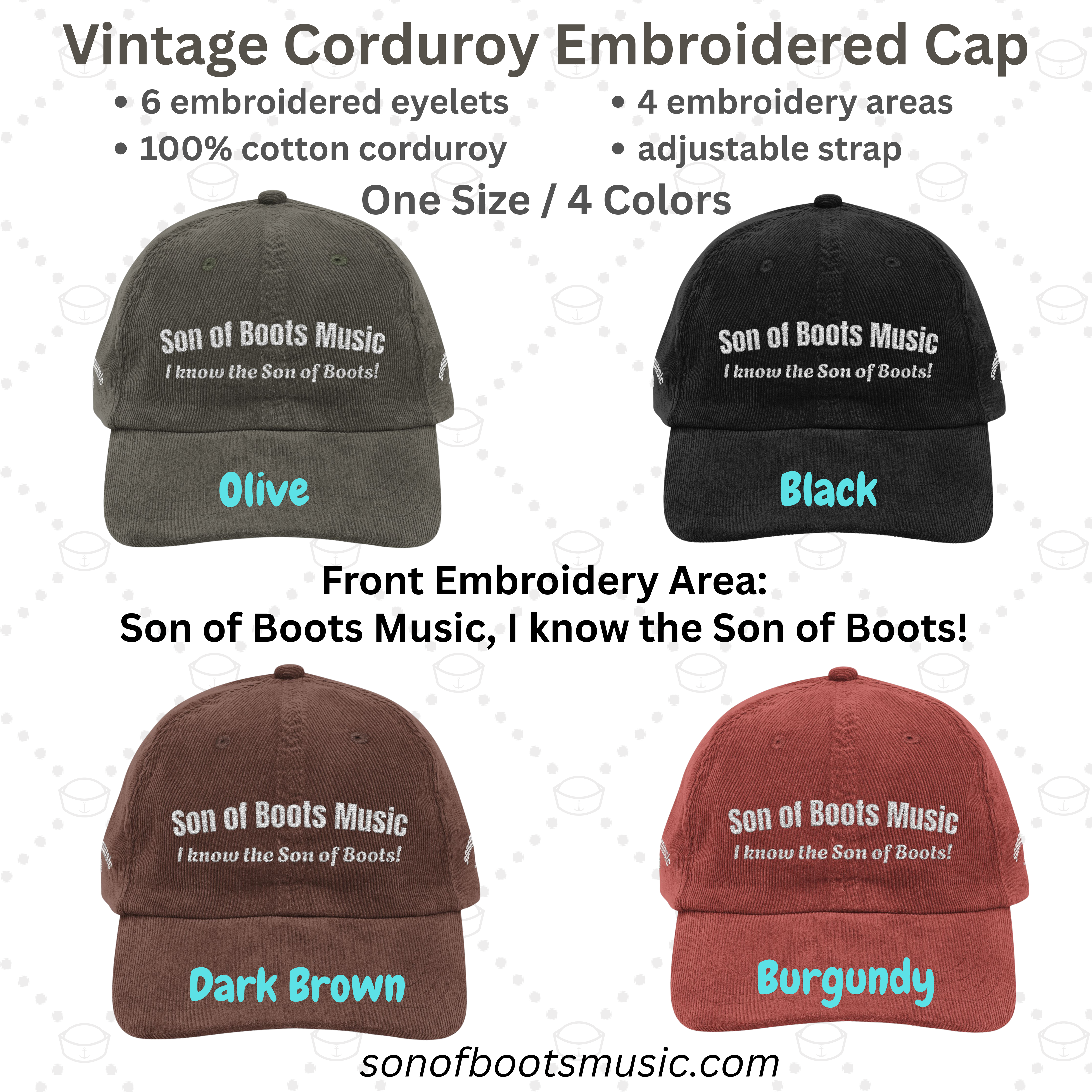 Vintage Corduroy Embroidered Cap - Son of Boots Music, Music Lover Gift, Casual Style, Outdoor Cap, Vintage Hat, Trendy Accessory Vintage Corduroy Embroidered Cap - Son of Boots Music, Music Lover Gift, Casual Style, Outdoor Cap, Vintage Hat, Trendy Accessory