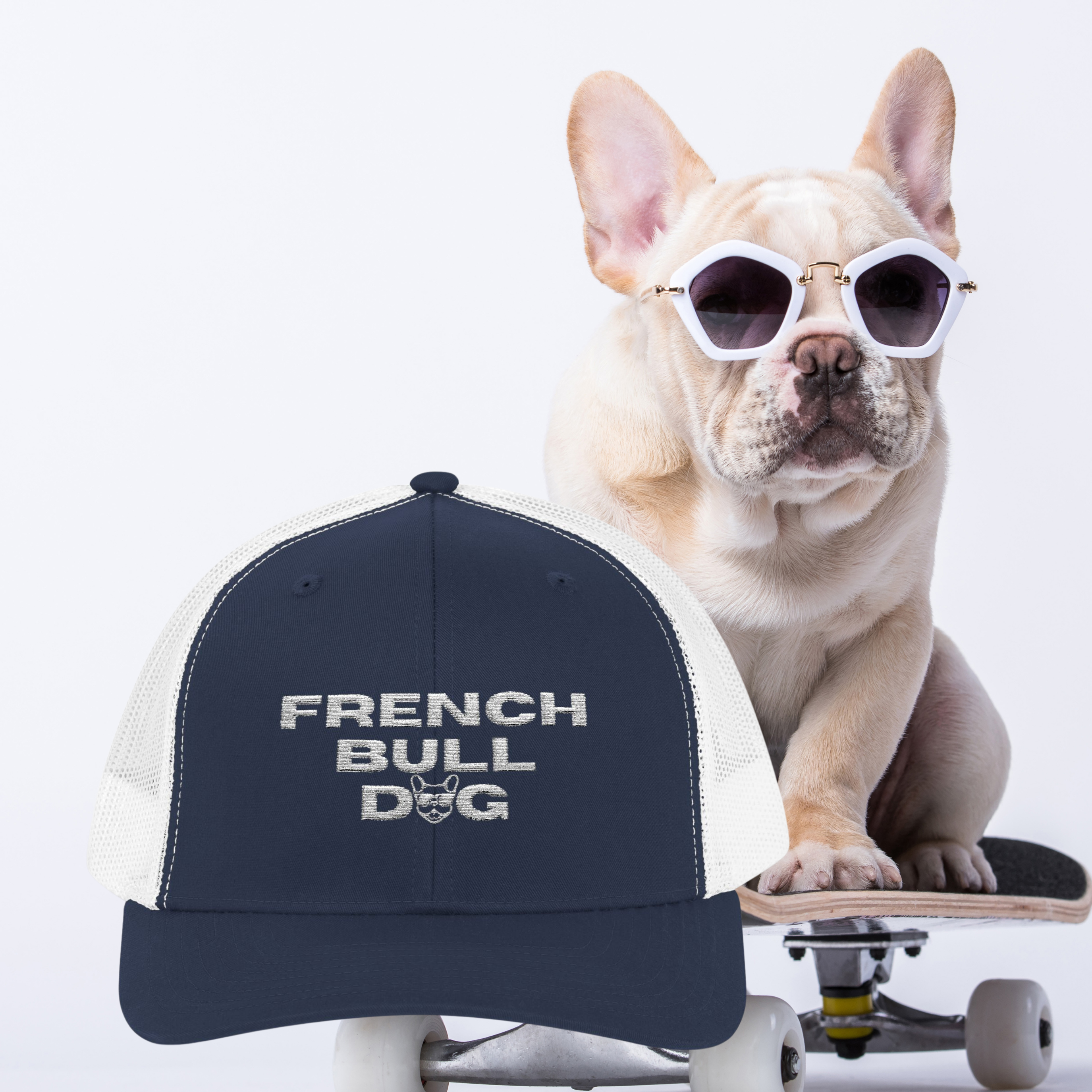 🧢 French Bulldog Snapback Trucker Cap – Cool Vibes White Hat in 8 Colors