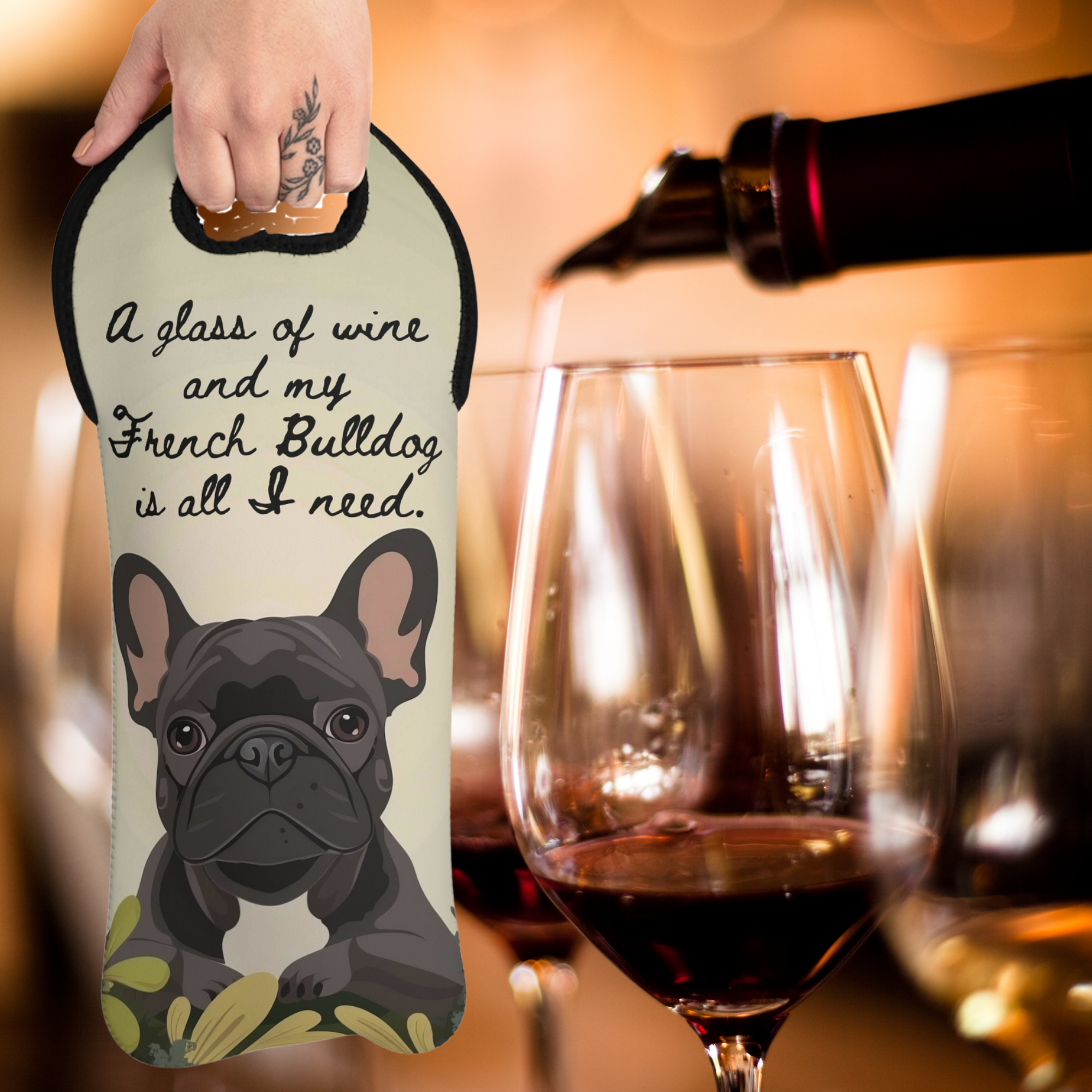🍷 French Bulldog Wine Tote Bag – “A Glass of Wine and My Frenchie” Insulated Carrier