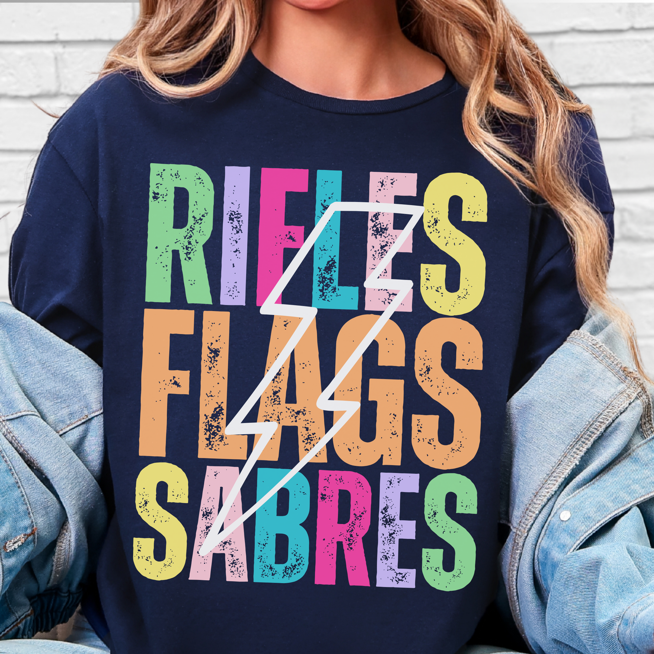 Starting Line Design Co - Colorful Lightning Bolt Flags Rifles Sabres Tee product thumbnail image Starting Line Design Co - Colorful Lightning Bolt Flags Rifles Sabres Tee product thumbnail image