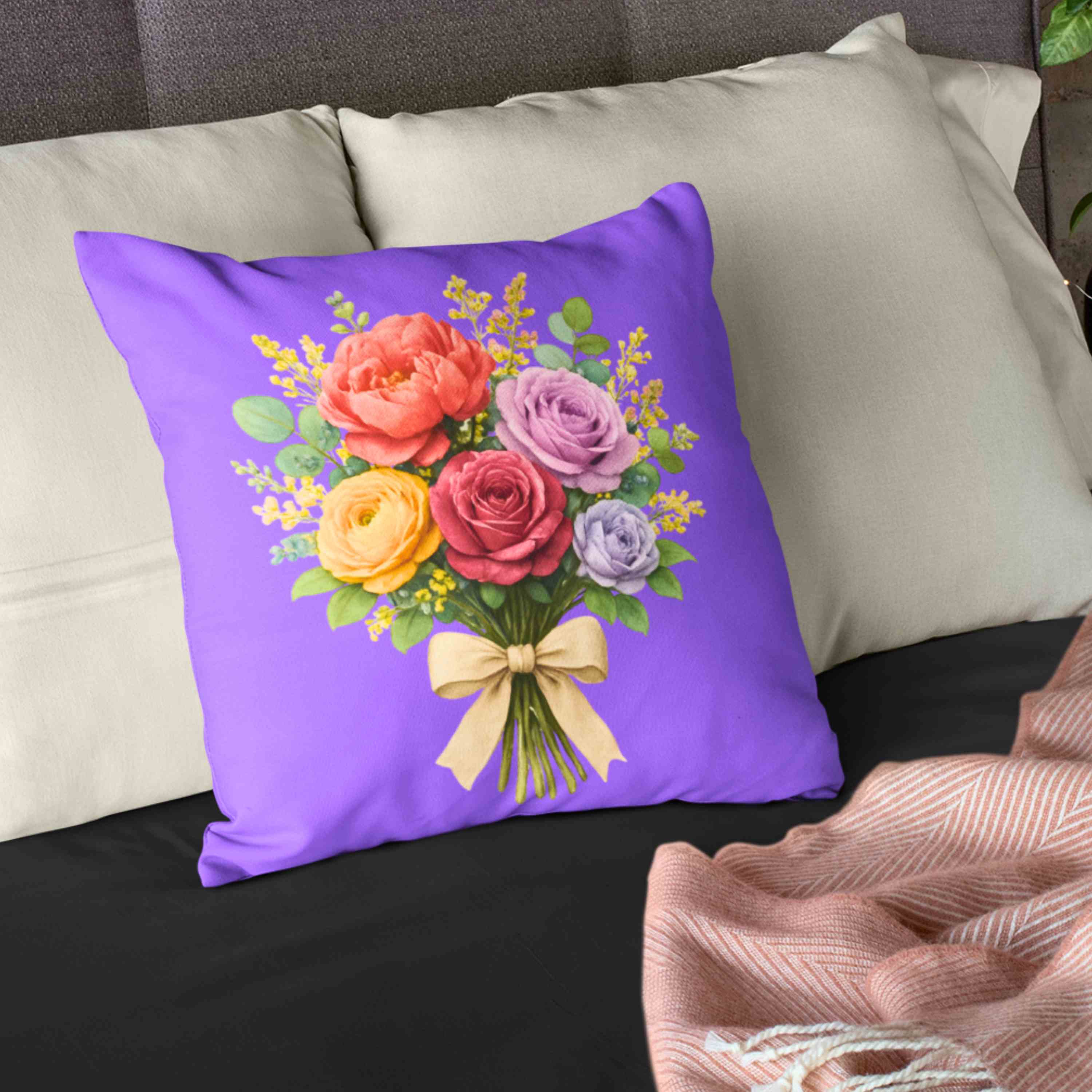 Floral Bouquet Purple Pillow - Vibrant Flower Design for Home Decor, Cozy Living Room Accent, Gift for Mom, Perfect for Weddings, Spring Decor product thumbnail image
