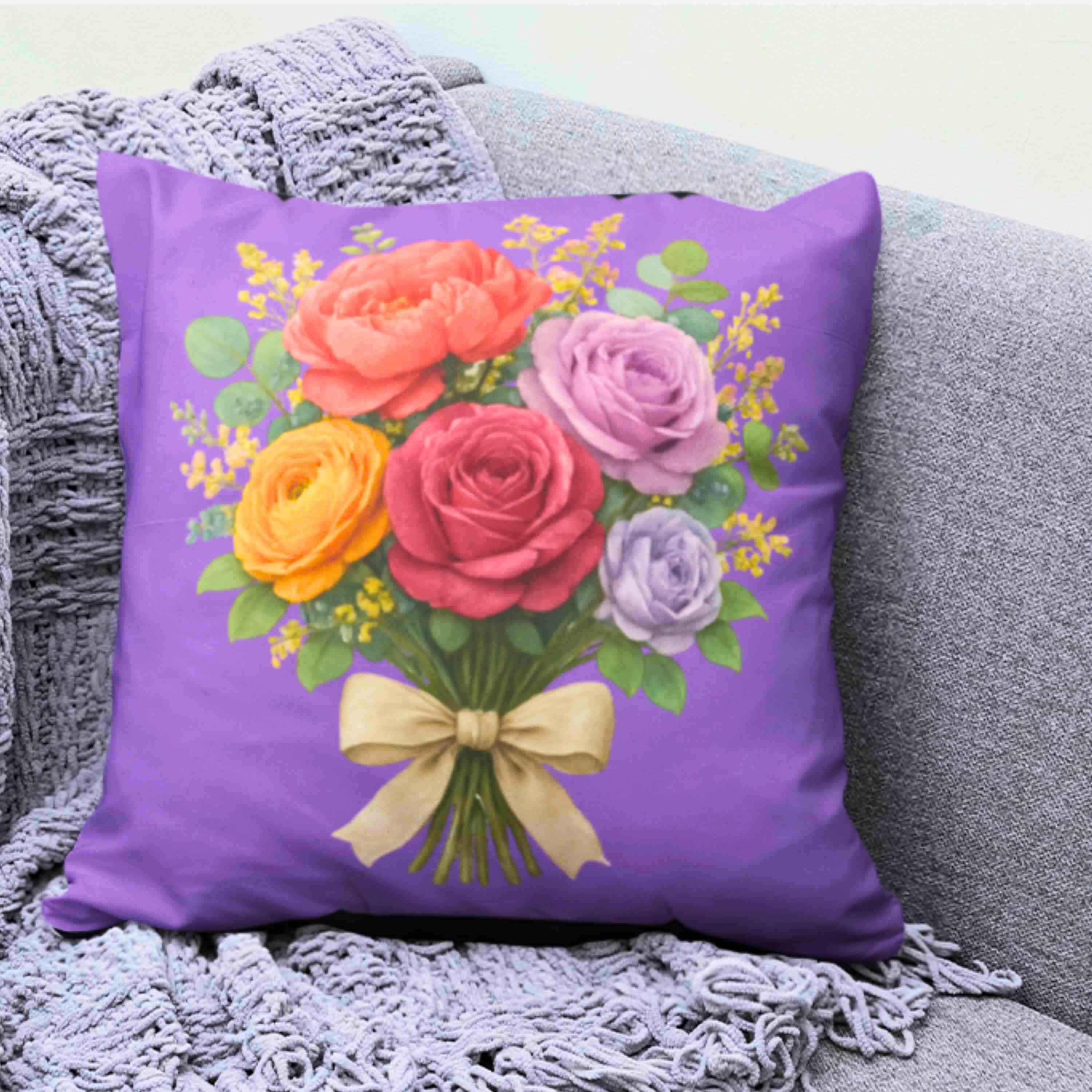 Floral Bouquet Purple Pillow - Vibrant Flower Design for Home Decor, Cozy Living Room Accent, Gift for Mom, Perfect for Weddings, Spring Decor product thumbnail image