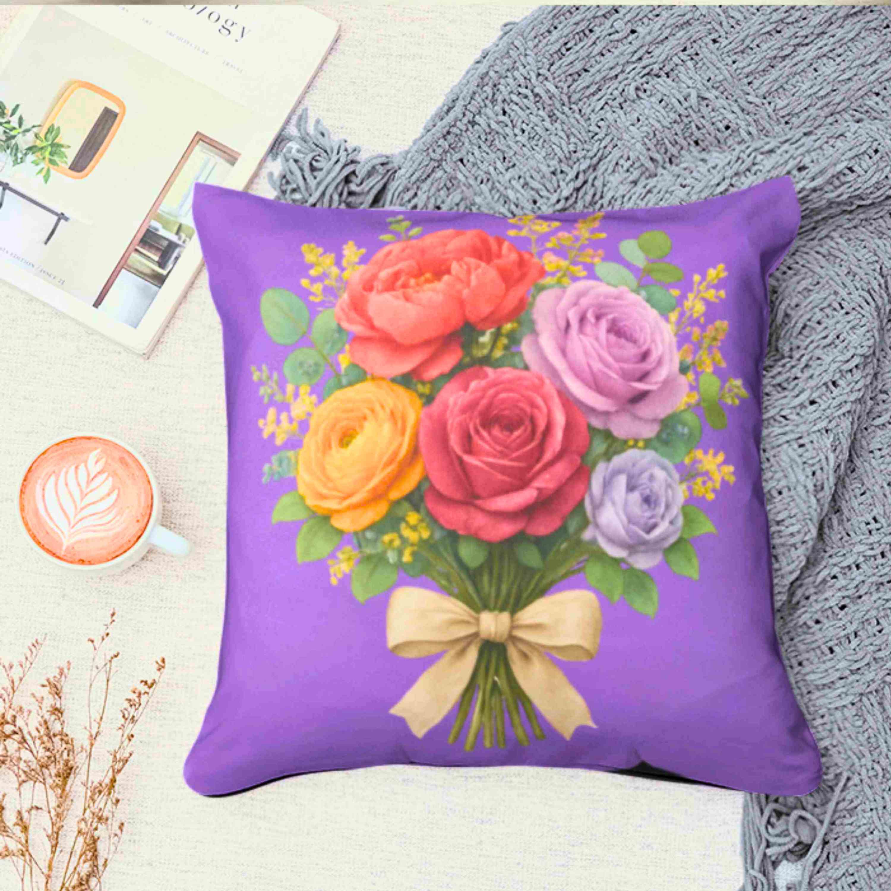 Floral Bouquet Purple Pillow - Vibrant Flower Design for Home Decor, Cozy Living Room Accent, Gift for Mom, Perfect for Weddings, Spring Decor product thumbnail image