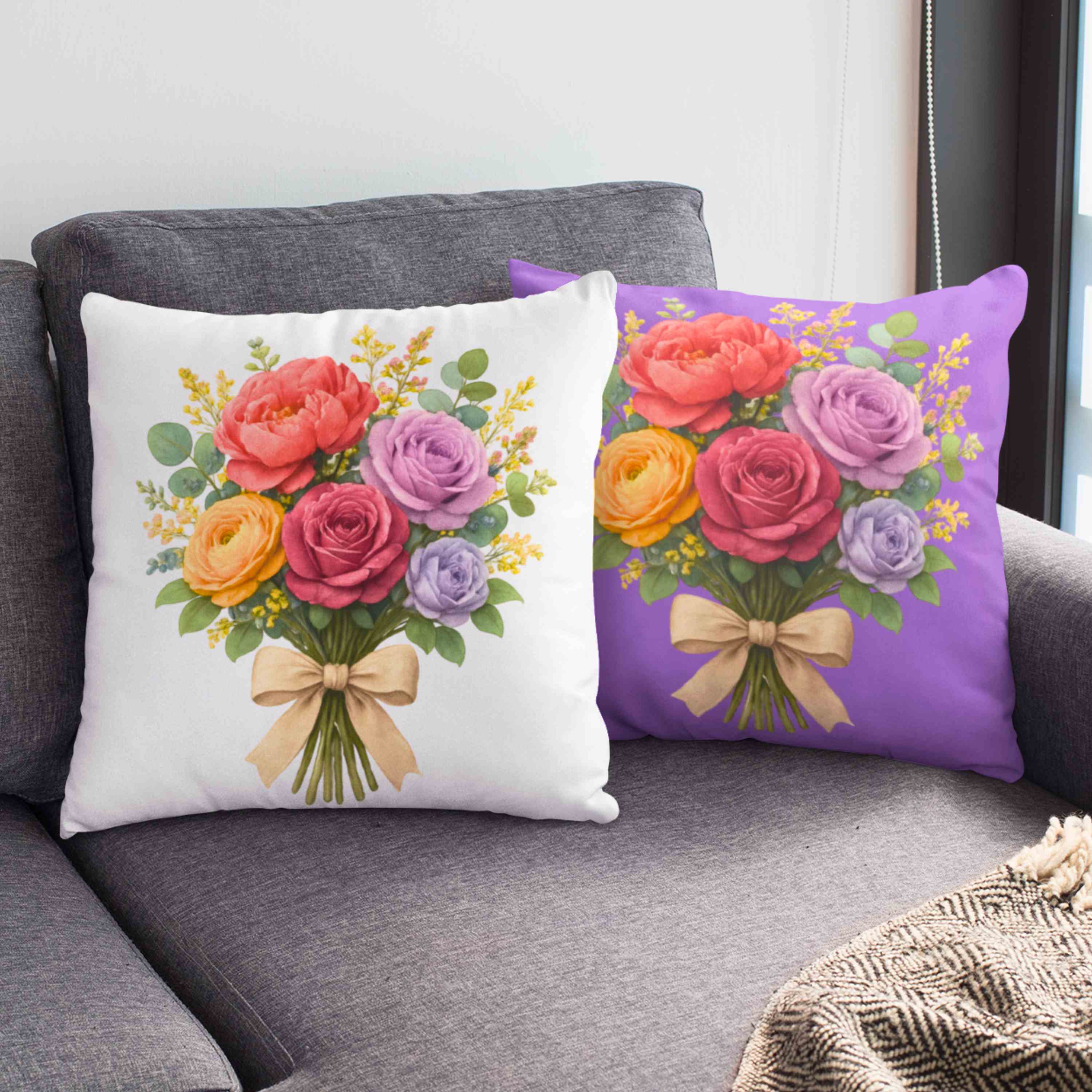 Floral Bouquet Purple Pillow - Vibrant Flower Design for Home Decor, Cozy Living Room Accent, Gift for Mom, Perfect for Weddings, Spring Decor product thumbnail image