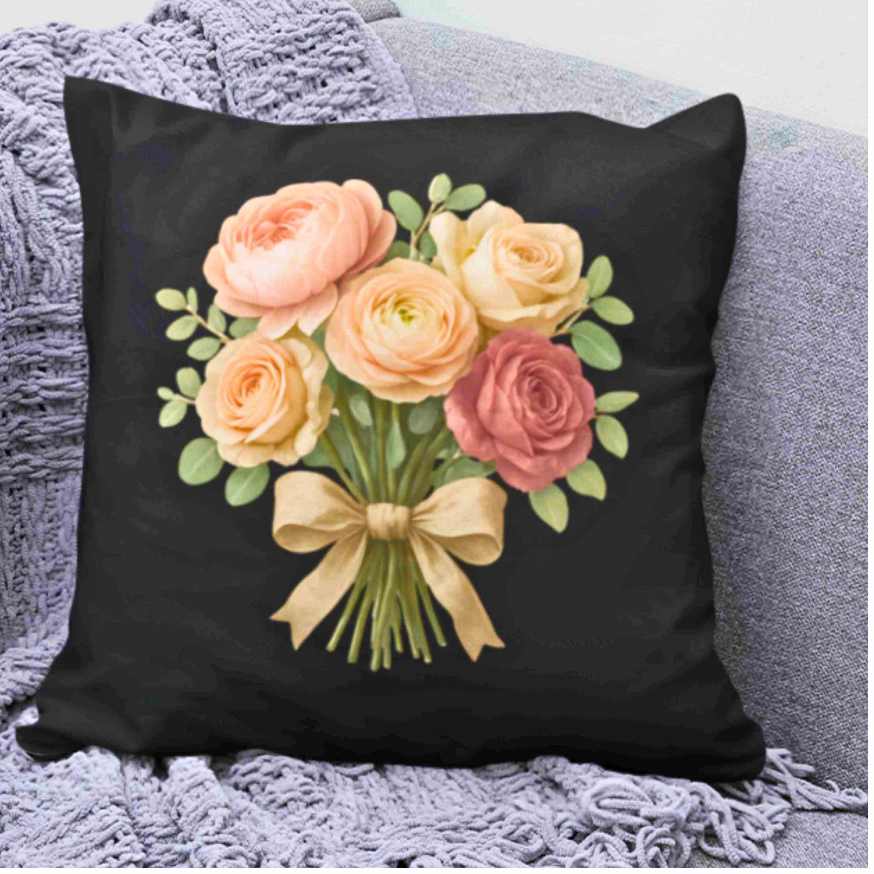 Black Floral Pillow with Bouquet Design – Dramatic Accent Cushion, Colorful Throw Pillow for Sofa, Bed, or Stylish Living Room Décor