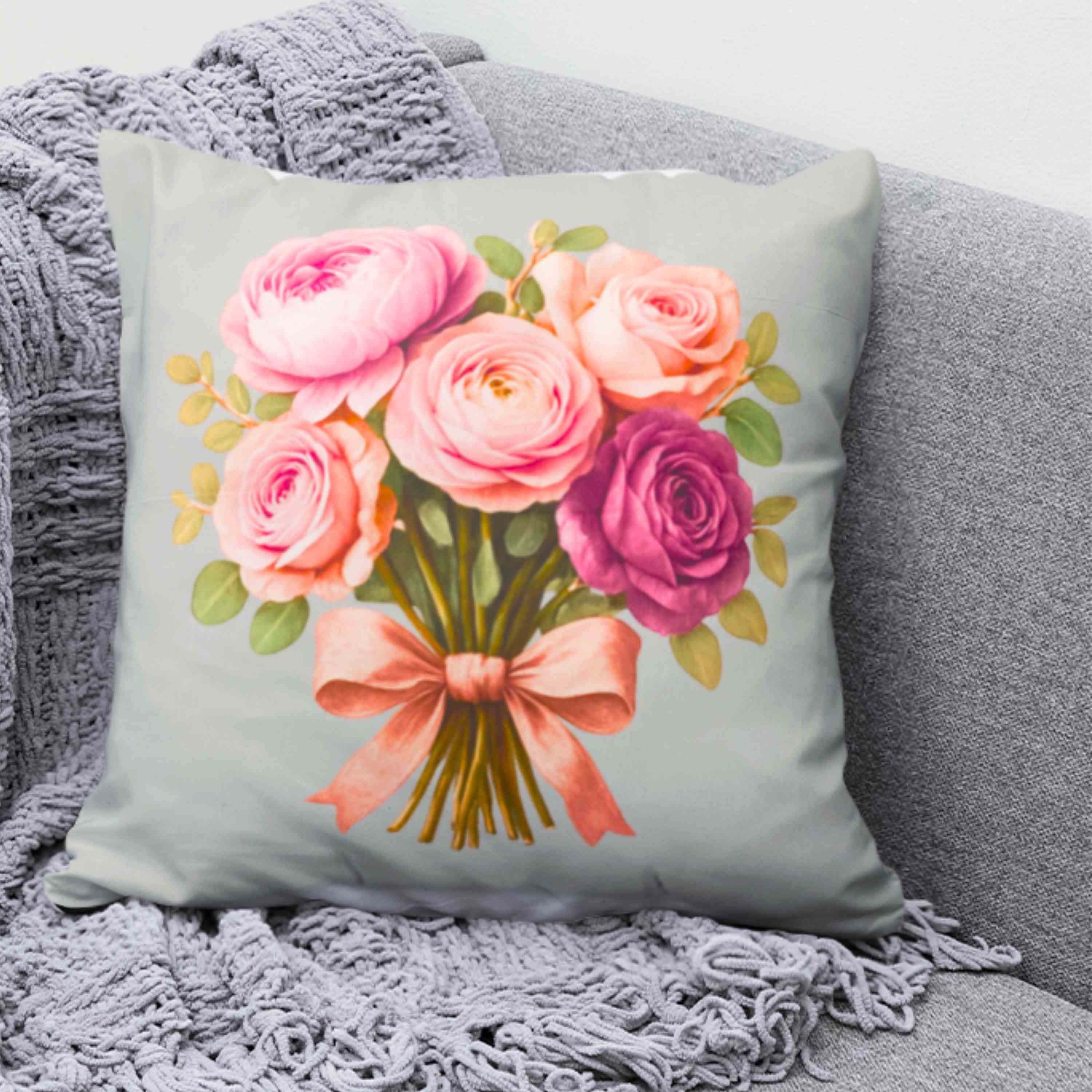 Pink Bouquet Pillow on Gray – Multi-Colored Decorative Throw Cushion, Double-Sided Accent Pillow for Living Room or Bedroom Décor Pink Bouquet Pillow on Gray – Multi-Colored Decorative Throw Cushion, Double-Sided Accent Pillow for Living Room or Bedroom Décor