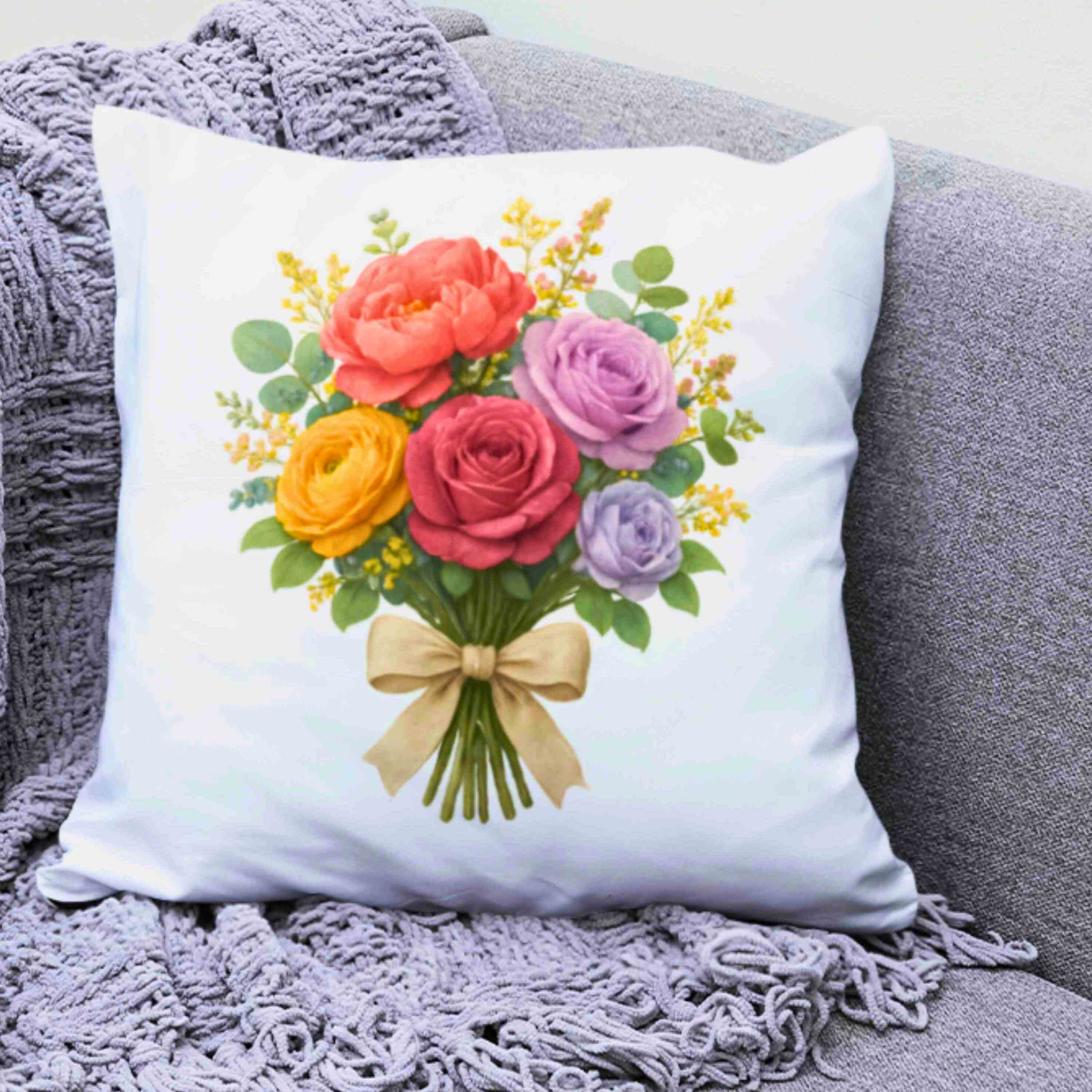 Floral Bouquet Pillow on White – Decorative Throw Cushion with Multi-Colored Flowers, Double-Sided Accent Pillow for Sofa, Bed or Living Room Décor