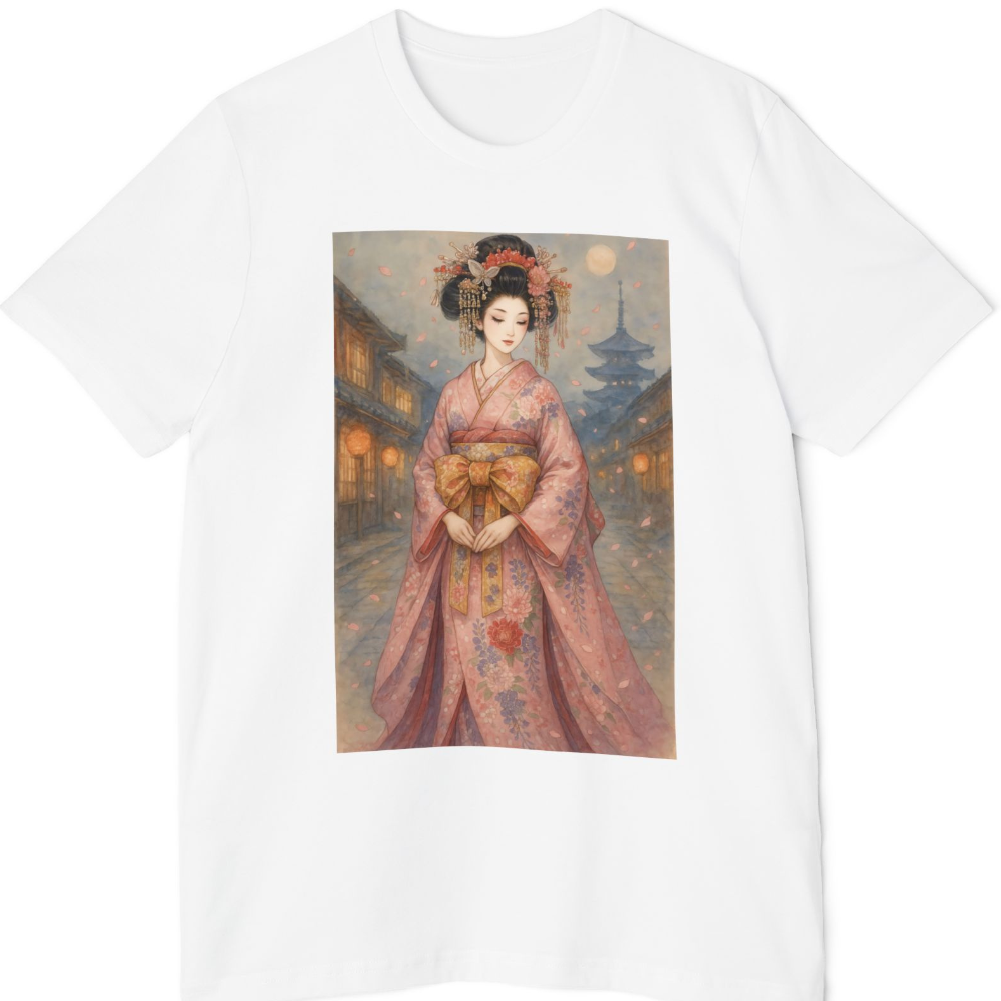 Moonlit Sakura Dream Japanese Geisha T-Shirt – Watercolor sakura Scene, Traditional Kimono Fashion, Artistic Gift for Her