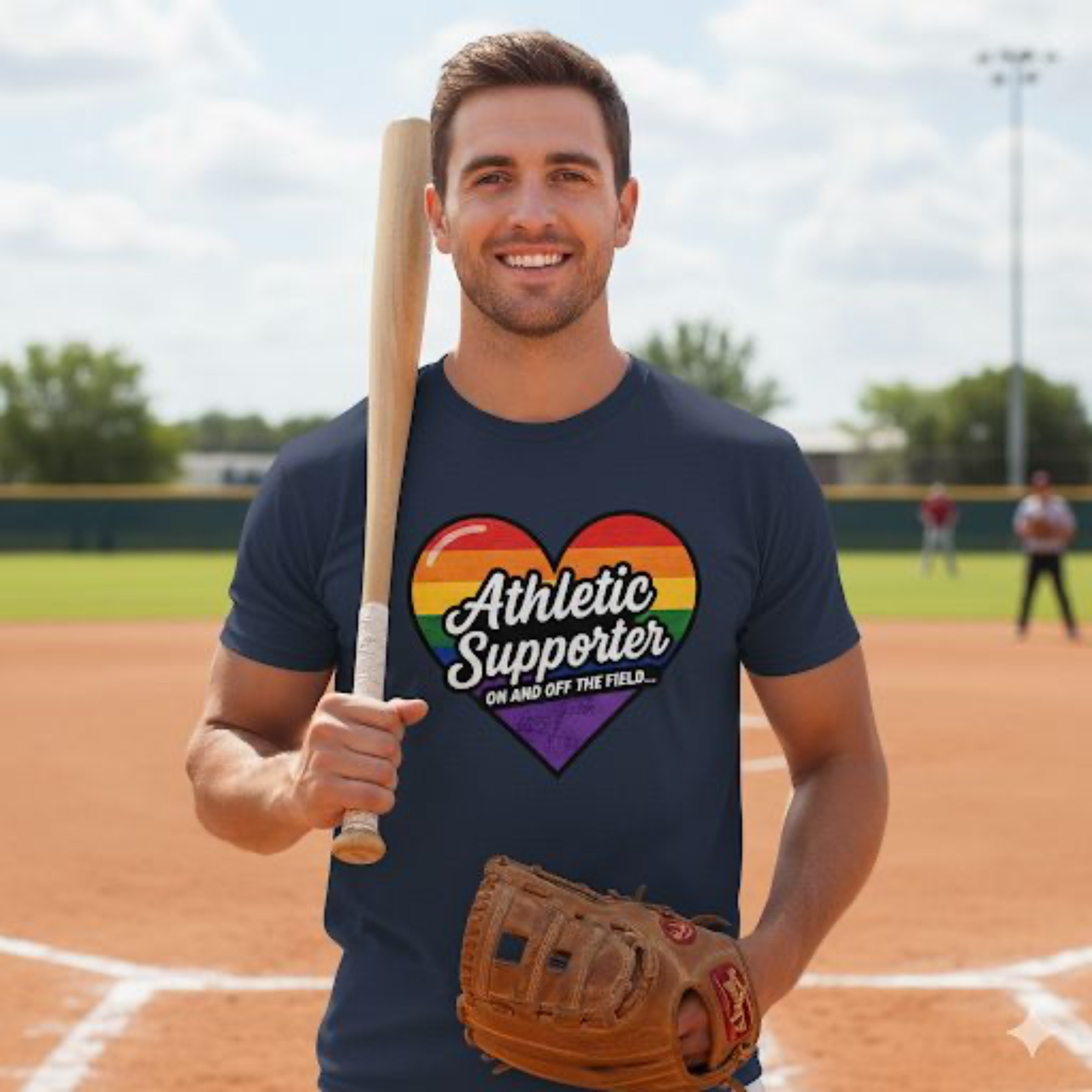 "Athletic Supporter On and Off the Field" - Funny LGBTQ+ T-Shirt - Pride Retro Rainbow Heart - Unisex Tee Sports Fan Shirt product thumbnail image "Athletic Supporter On and Off the Field" - Funny LGBTQ+ T-Shirt - Pride Retro Rainbow Heart - Unisex Tee Sports Fan Shirt product thumbnail image