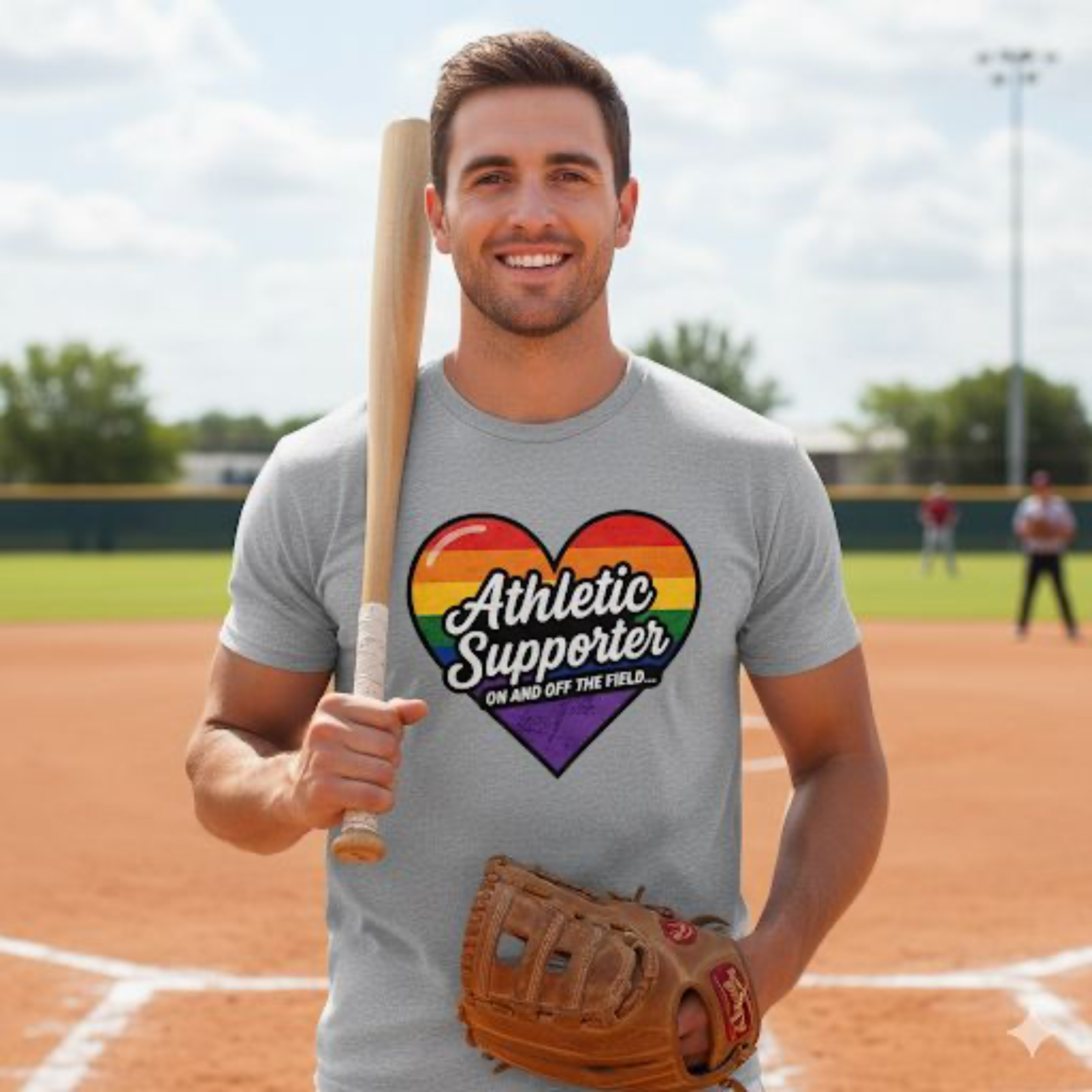"Athletic Supporter On and Off the Field" - Funny LGBTQ+ T-Shirt - Pride Retro Rainbow Heart - Unisex Tee Sports Fan Shirt product thumbnail image "Athletic Supporter On and Off the Field" - Funny LGBTQ+ T-Shirt - Pride Retro Rainbow Heart - Unisex Tee Sports Fan Shirt product thumbnail image