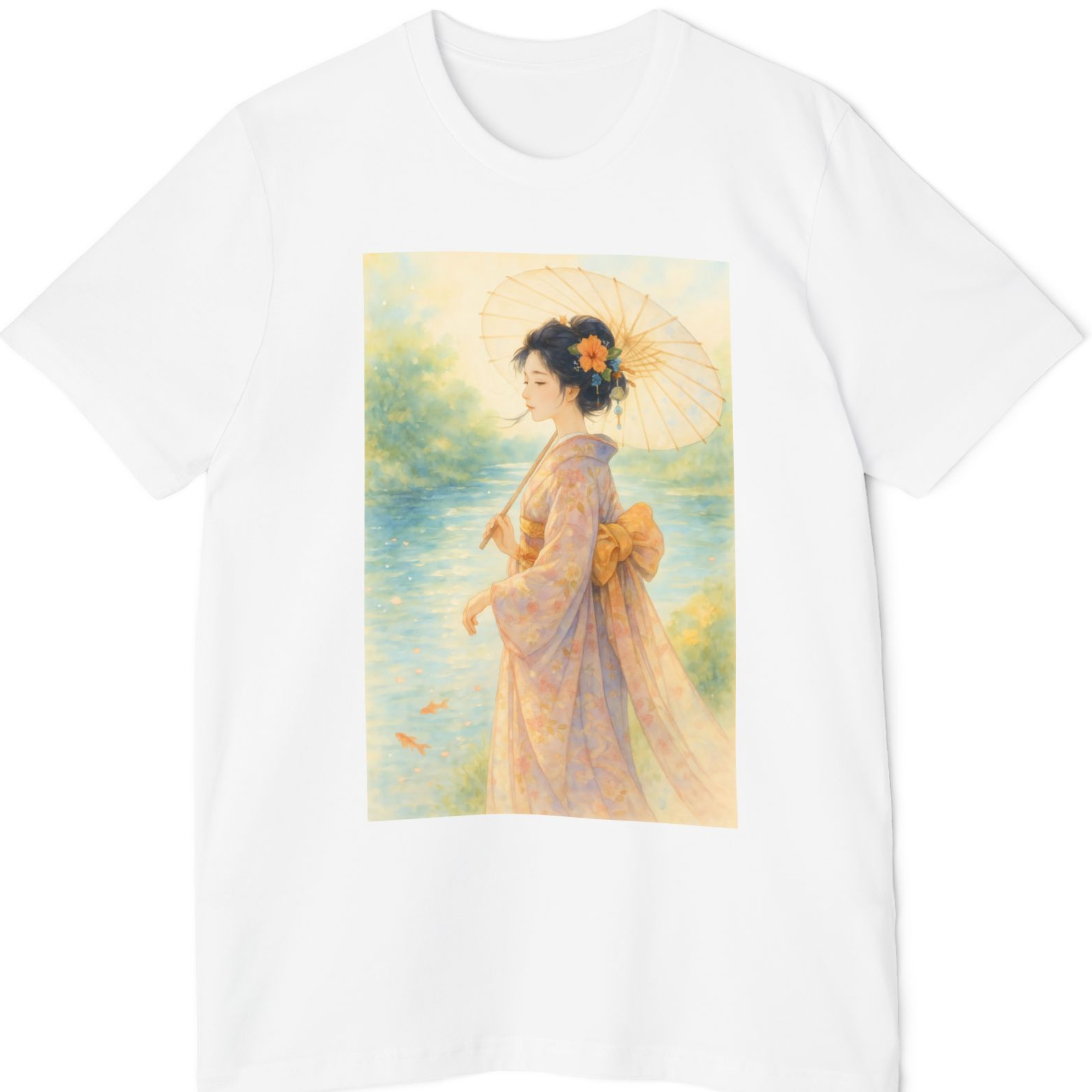 Tranquil Japanese Art T-Shirt - Kimono &amp; Goldfish Design, Women's Gentle Vibes Tee, Gift for Nature Lovers, Relaxed Fit Graphic Shirt, Summer Fashion Top