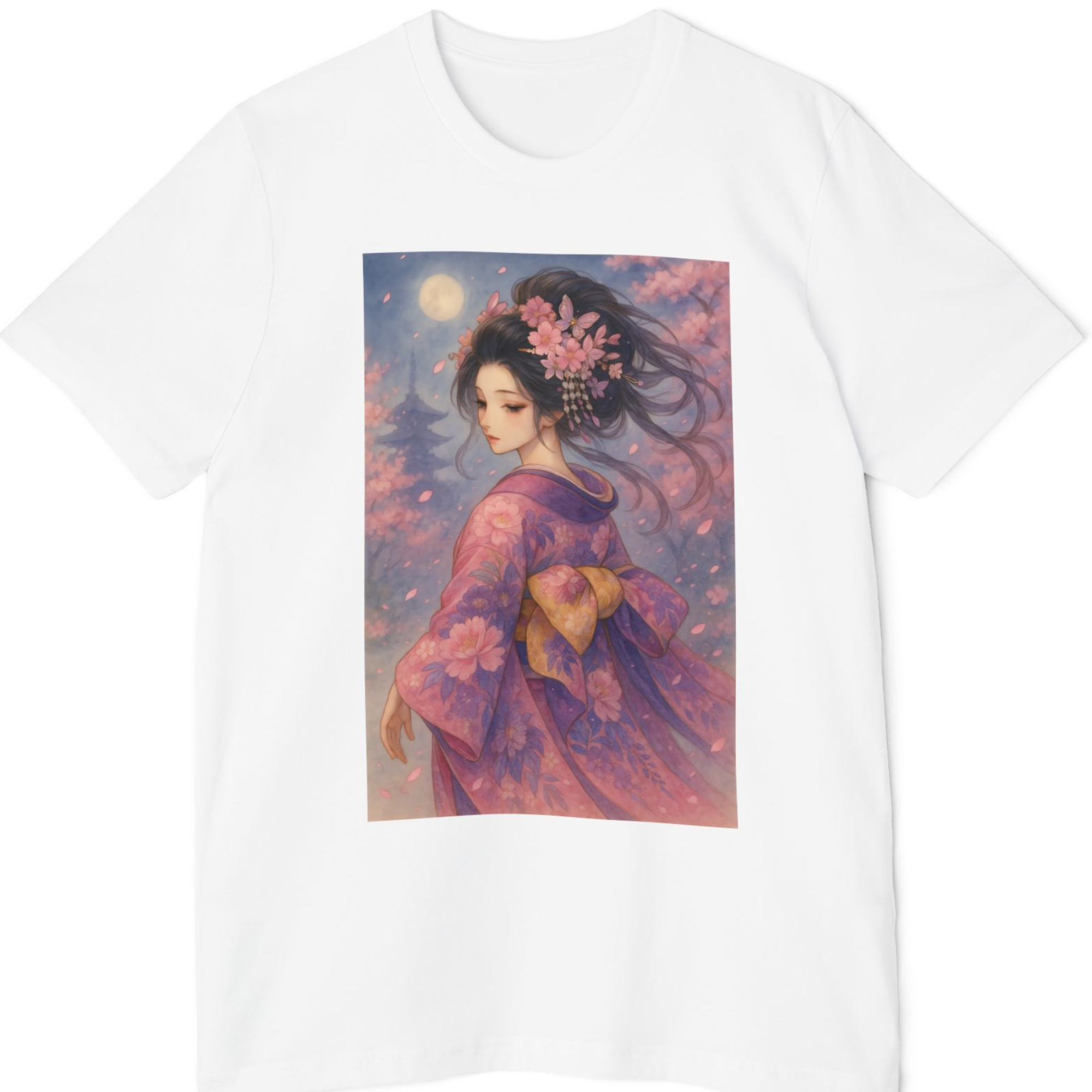 Graceful kimono beauty T-shirt, elegant Japanese-style girl art T-shirt, stylish outfit, gift for her, summer fashion product thumbnail image