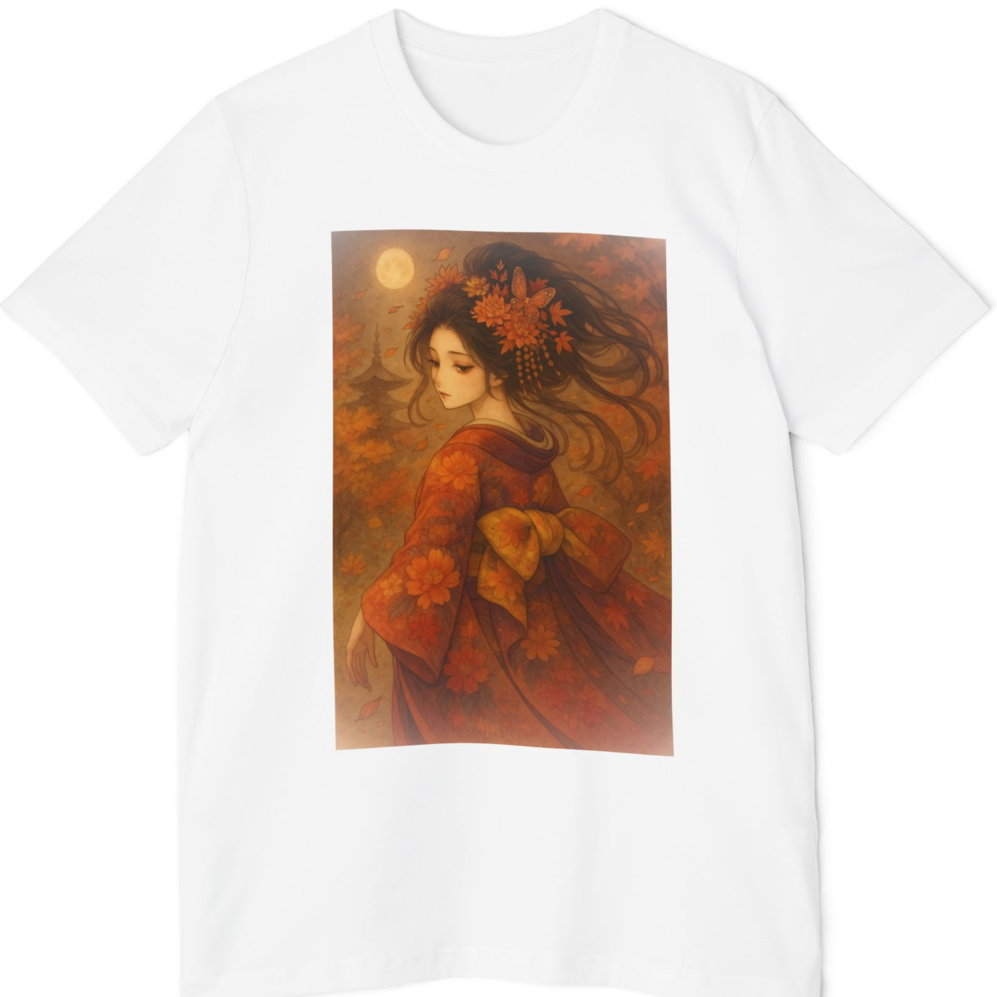 Autumn Leaves &amp; Full Moon Elegant Kimono Girl Art T-Shirt – Japan-Inspired Unisex Tee | Vintage Aesthetic Shirt | Gift for Art &amp; Culture Lovers