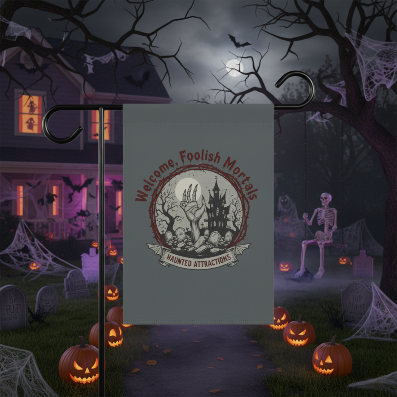 Spooky Halloween Garden Banner, Welcome Foolish Mortals Decor, Haunted Attractions Sign, Outdoor Fall Decor, Halloween Yard Flag