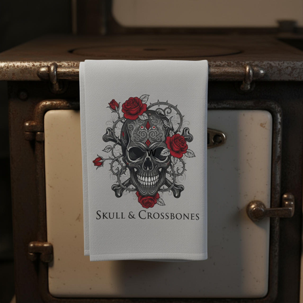 Eclectic Skull & Crossbones Roses Tea Towel, Perfect for Halloween Decor, Kitchen Gift, Gothic Style Home, Edgy Cooking Accessory product thumbnail image Eclectic Skull & Crossbones Roses Tea Towel, Perfect for Halloween Decor, Kitchen Gift, Gothic Style Home, Edgy Cooking Accessory product thumbnail image
