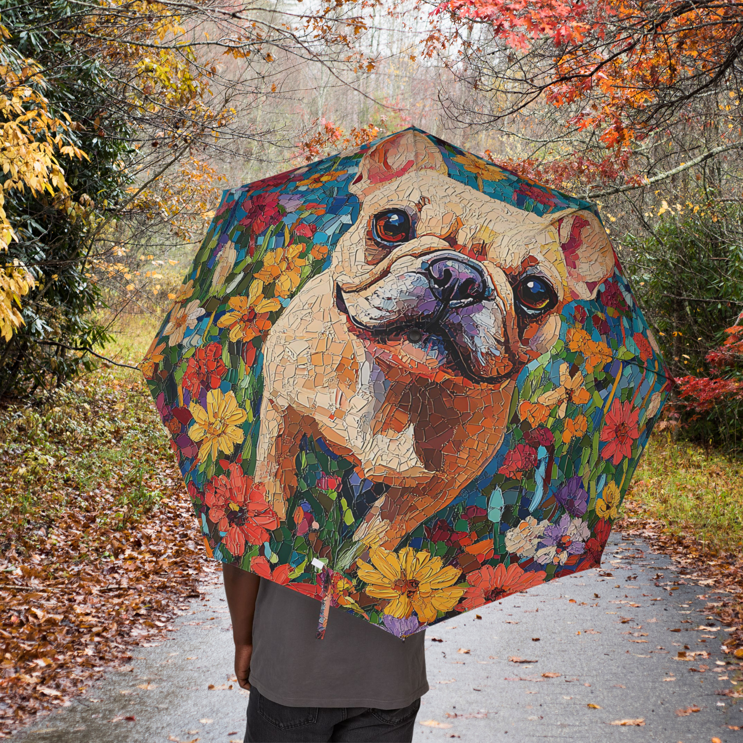 🌸 Colorful French Bulldog Umbrella – Floral Mosaic Rain and Shine Style