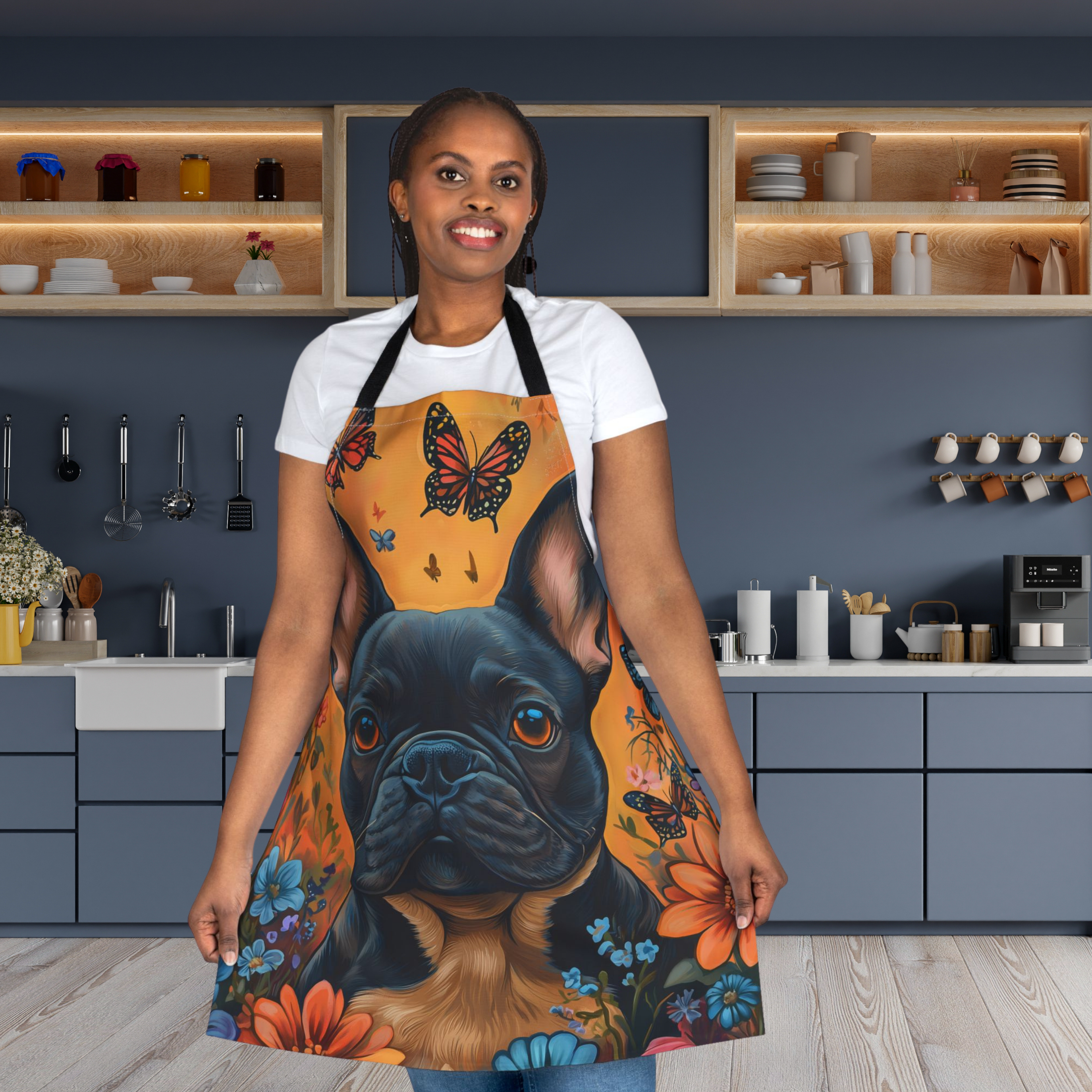 🦋 French Bulldog Floral Apron – Colorful Kitchen and Craft Wear for Dog Lovers