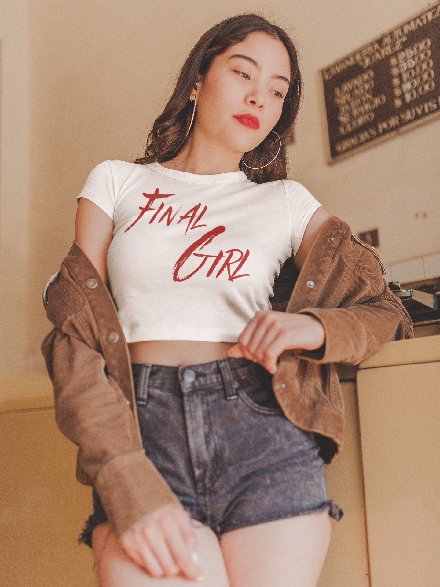 Women's Crop Top, Final Girl Graphic Tee, Music Festival Shirt, Summer Outfit, Horror Movie Top, Casual Crop Tee product thumbnail image Women's Crop Top, Final Girl Graphic Tee, Music Festival Shirt, Summer Outfit, Horror Movie Top, Casual Crop Tee product thumbnail image