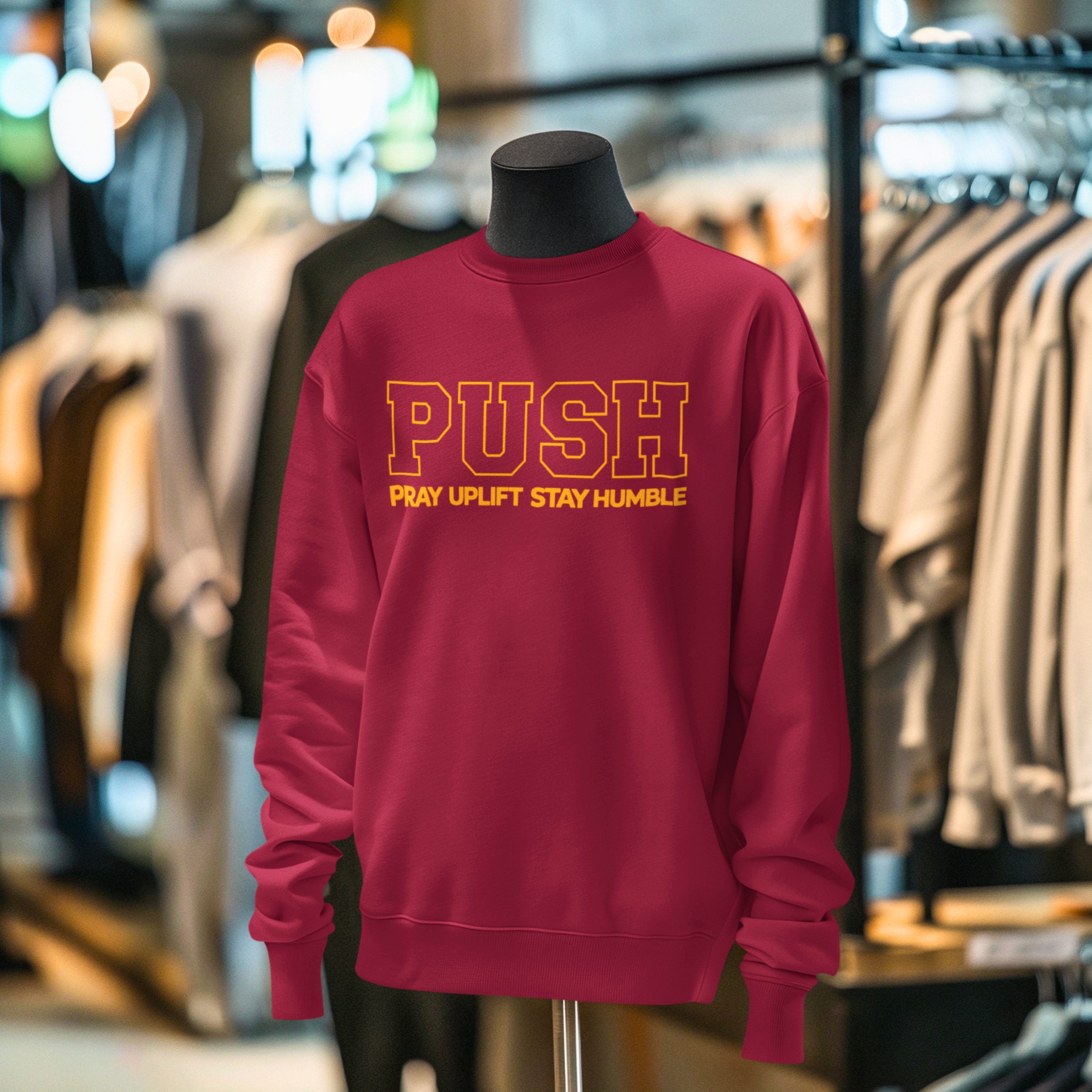 Unisex "PUSH" Letterman Gold/Crimson Sweatshirt product thumbnail image