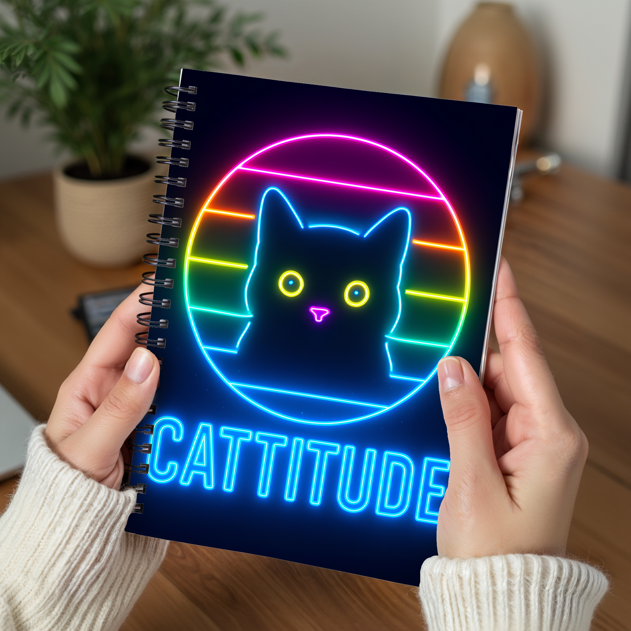 Neon Cat Spiral Notebook - Cattitude Vibe for Cat Lovers, Gift for Students, Journaling, School Supplies, Stationery