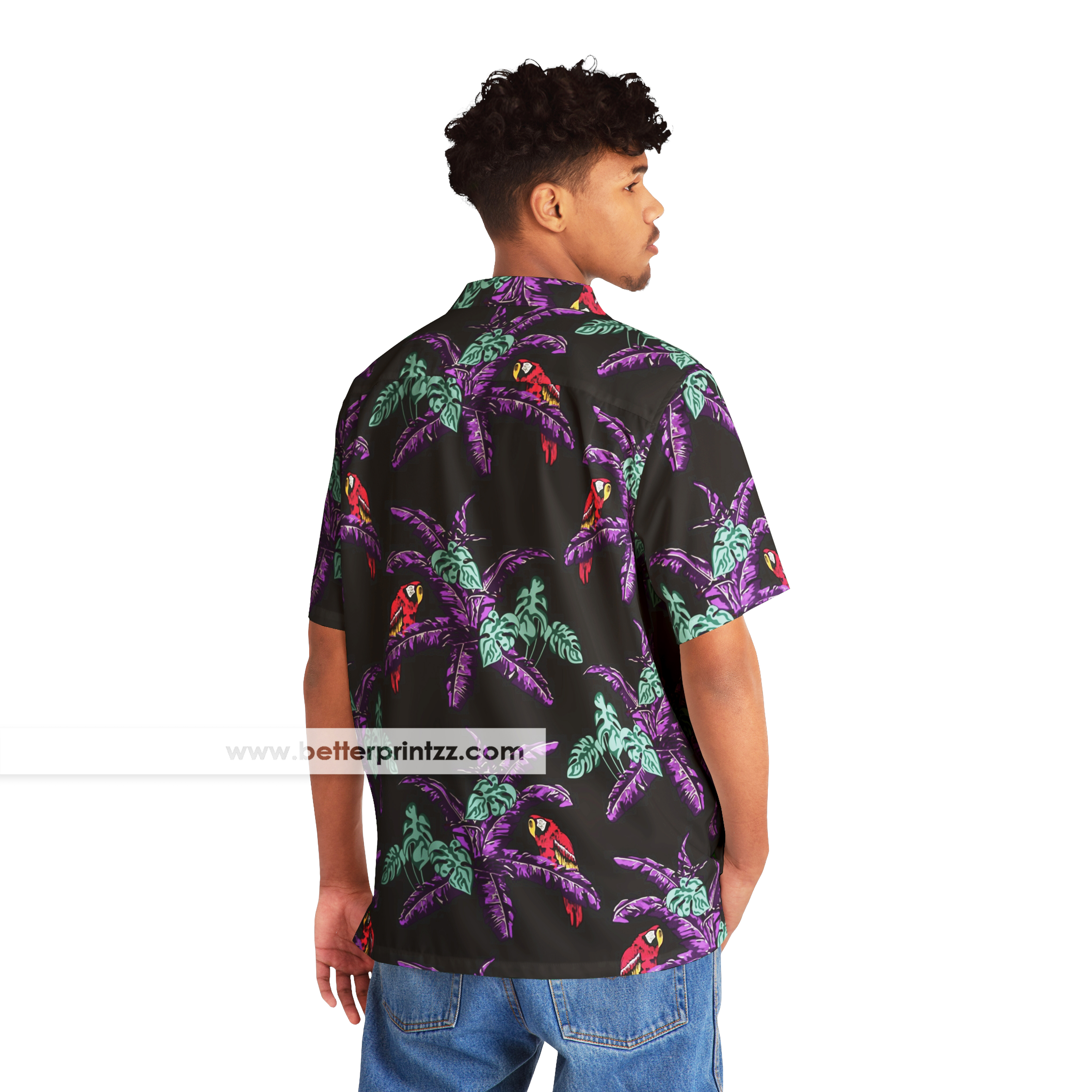 Black Men's Hawaiian Shirt with Jungle Bird Design - Thomas Magnum PI Cosplay Costume product thumbnail image Black Men's Hawaiian Shirt with Jungle Bird Design - Thomas Magnum PI Cosplay Costume product thumbnail image