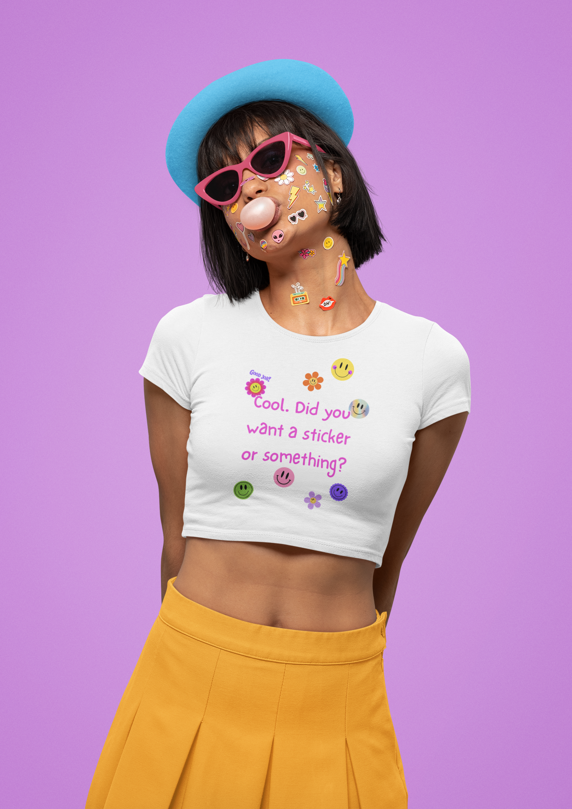 Colorful Sticker Festival Crop Top, Women's Summer Shirt, Cute Graphic Tee, Music Festival Outfit, Casual Streetwear, Gift for Her product thumbnail image