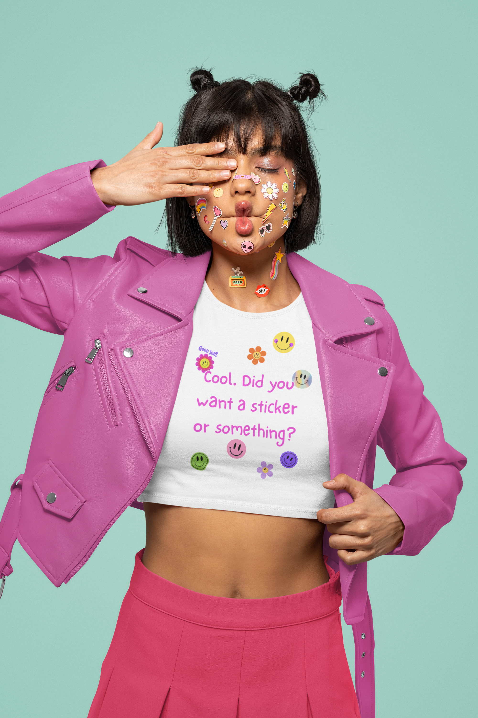 Colorful Sticker Festival Crop Top, Women's Summer Shirt, Cute Graphic Tee, Music Festival Outfit, Casual Streetwear, Gift for Her product thumbnail image