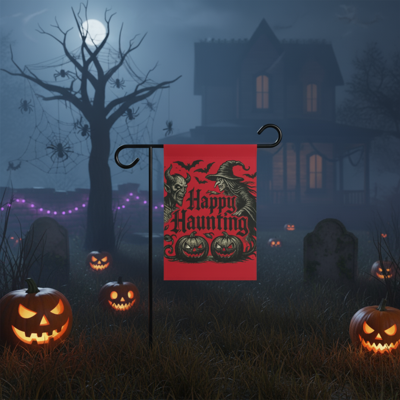 Happy Hauntin Halloween Garden Banner, Spooky Outdoor Decor, Fall Party Decoration, Trick or Treat Sign, Yard Flag for Haunted House