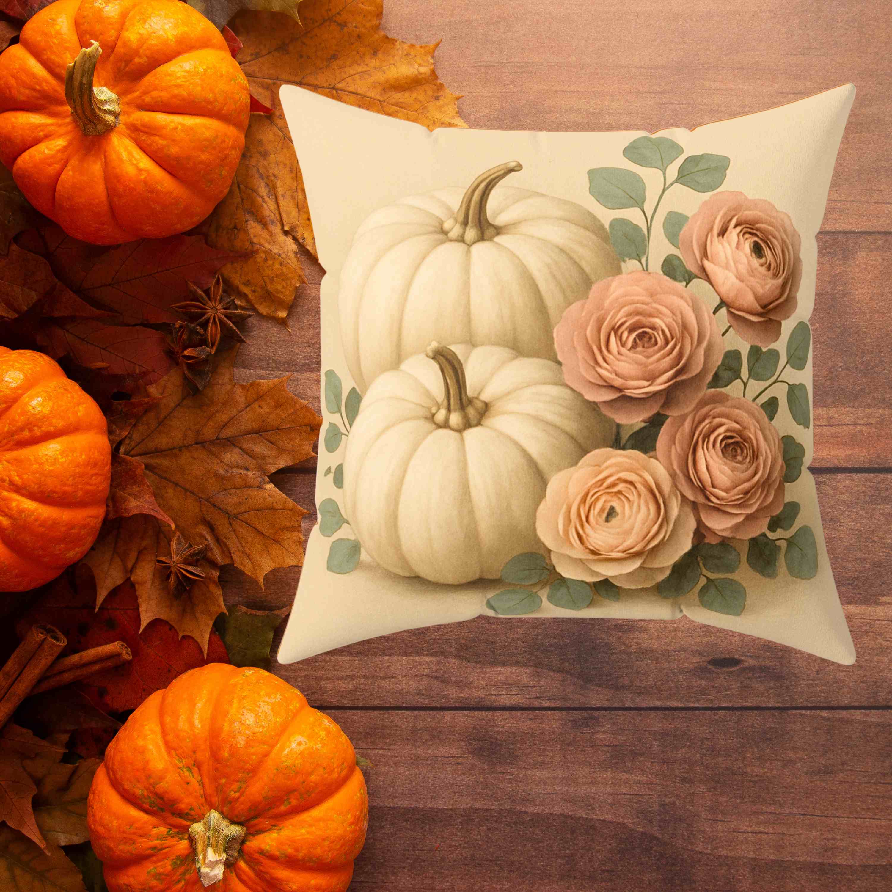 Autumn Floral Pillow, Cozy Fall Home Decor, Pumpkin and Rose Cushion, Thanksgiving Gift, Seasonal Throw Pillow, Home Docor, Gift Ideas, Holidays