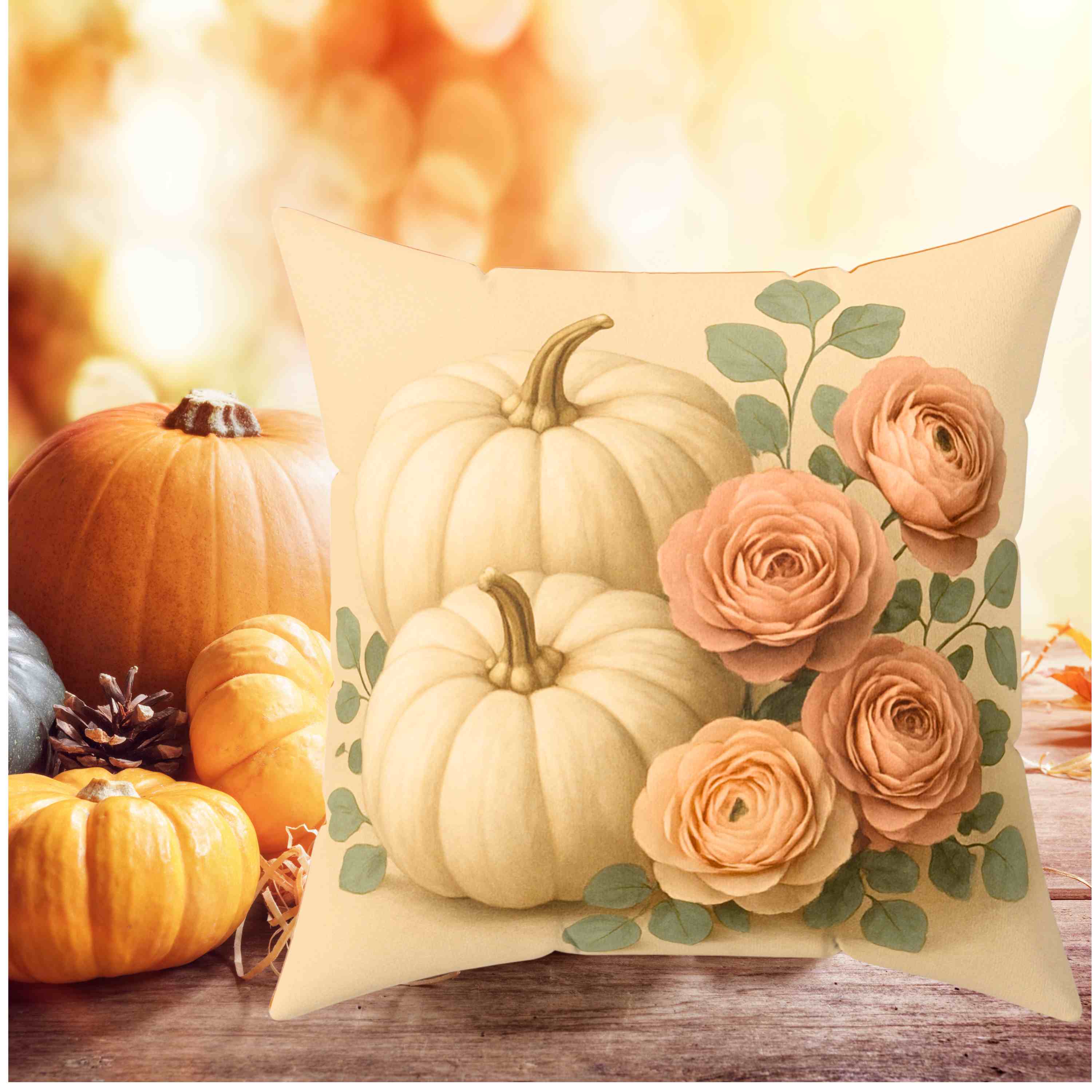 Autumn Floral Pillow, Cozy Fall Home Decor, Pumpkin and Rose Cushion, Thanksgiving Gift, Seasonal Throw Pillow, Home Docor, Gift Ideas, Holidays product thumbnail image