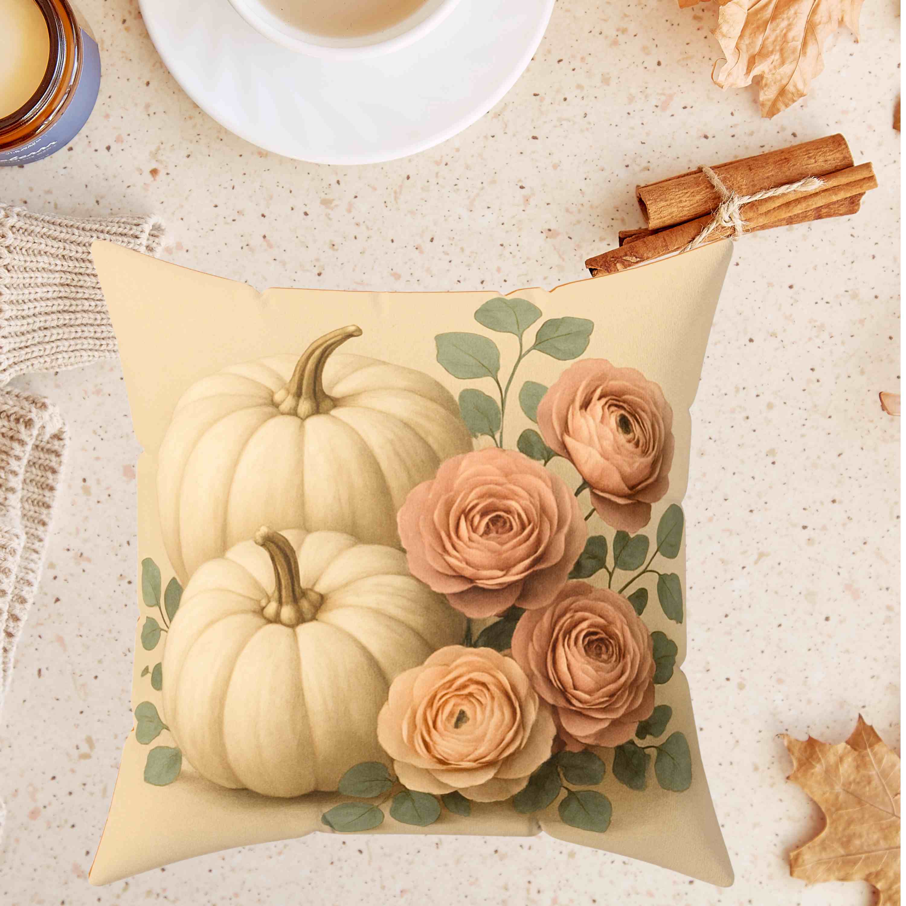 Autumn Floral Pillow, Cozy Fall Home Decor, Pumpkin and Rose Cushion, Thanksgiving Gift, Seasonal Throw Pillow, Home Docor, Gift Ideas, Holidays product thumbnail image