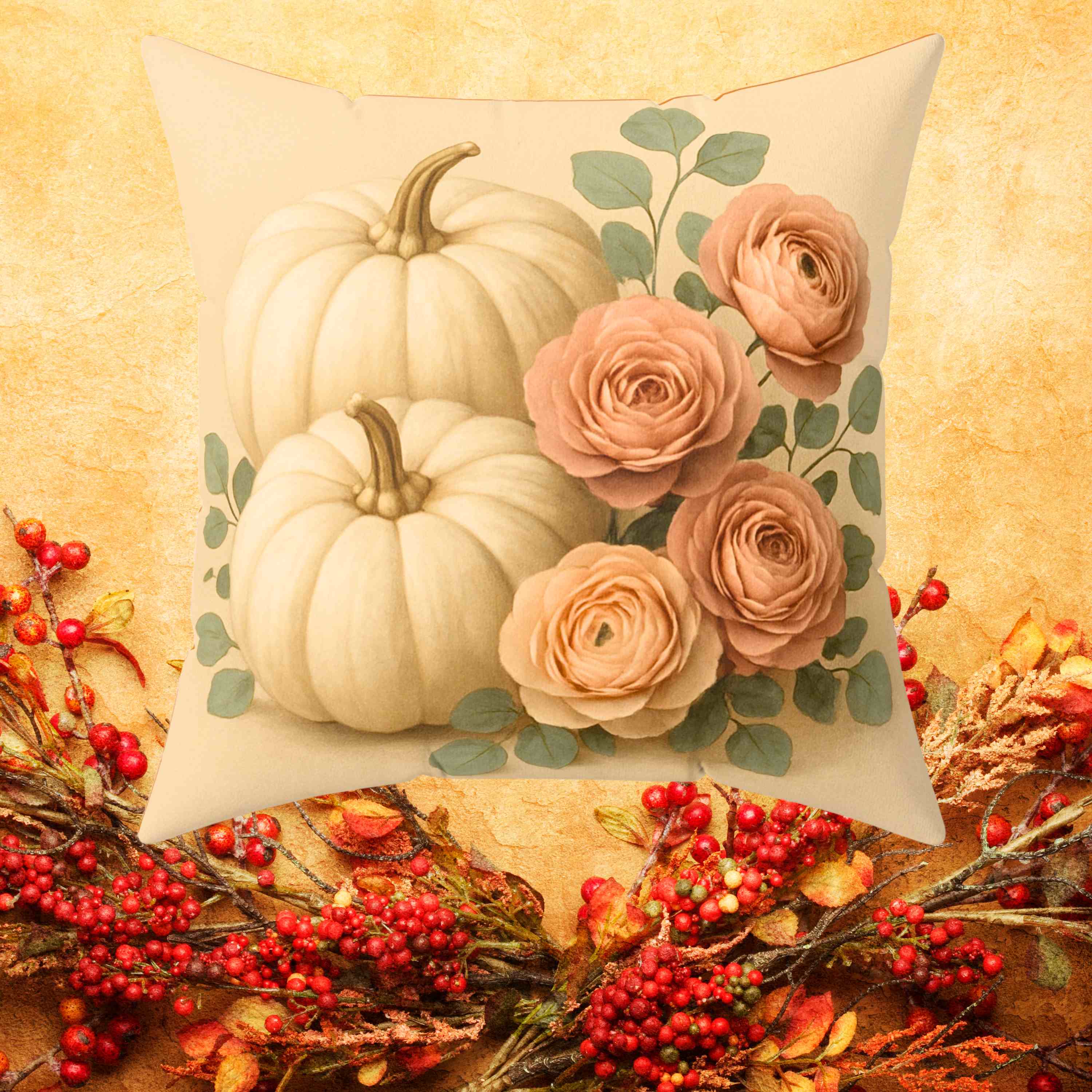 Autumn Floral Pillow, Cozy Fall Home Decor, Pumpkin and Rose Cushion, Thanksgiving Gift, Seasonal Throw Pillow, Home Docor, Gift Ideas, Holidays product thumbnail image
