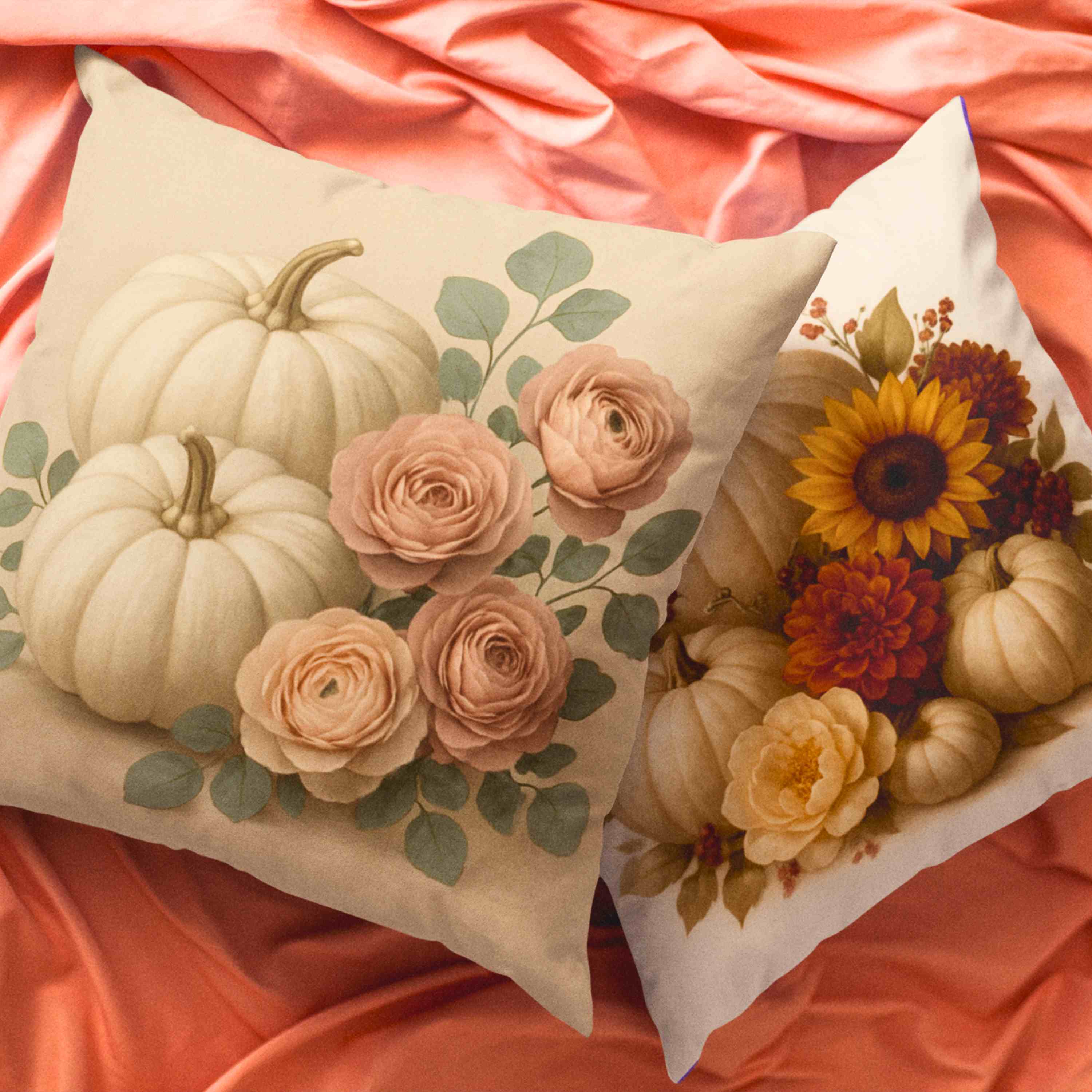 Autumn Floral Pillow, Cozy Fall Home Decor, Pumpkin and Rose Cushion, Thanksgiving Gift, Seasonal Throw Pillow, Home Docor, Gift Ideas, Holidays product thumbnail image