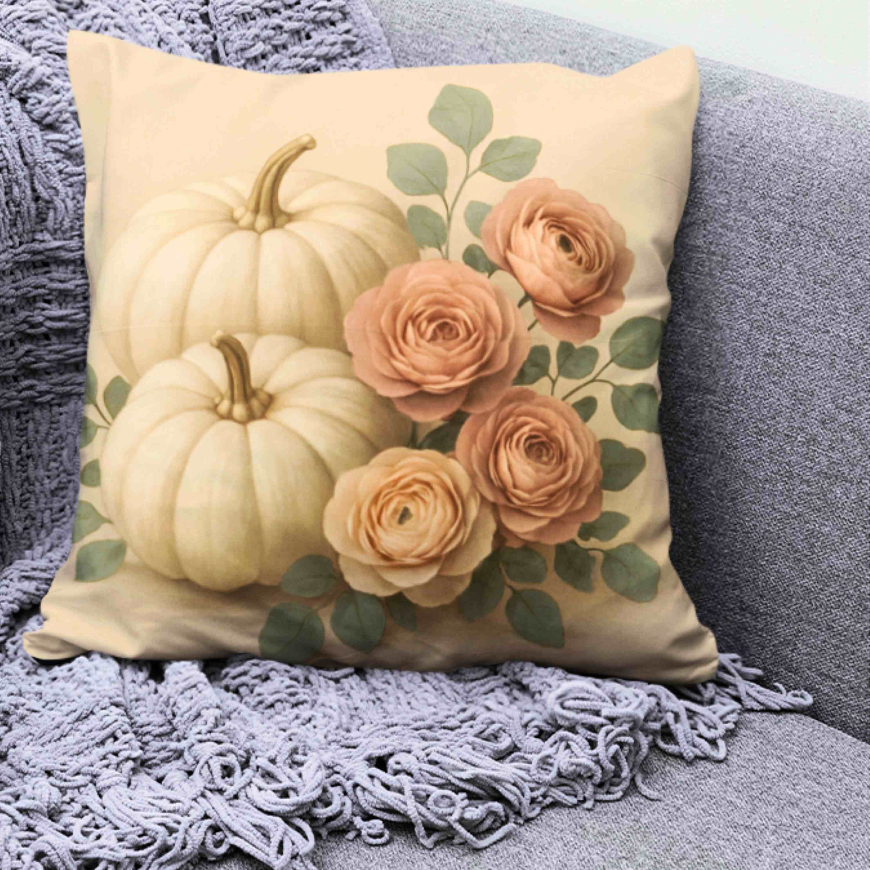 Autumn Floral Pillow, Cozy Fall Home Decor, Pumpkin and Rose Cushion, Thanksgiving Gift, Seasonal Throw Pillow, Home Docor, Gift Ideas, Holidays product thumbnail image