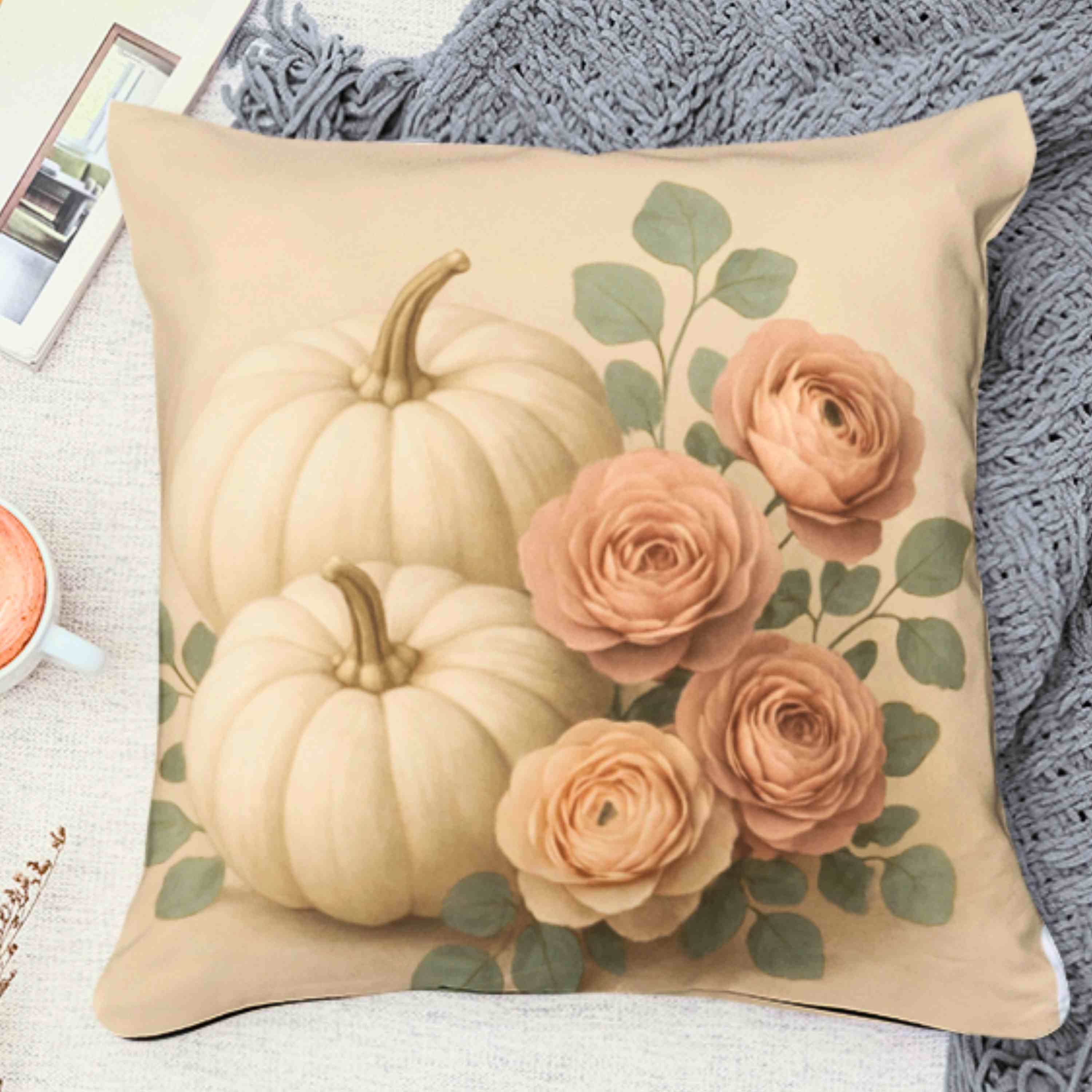 Autumn Floral Pillow, Cozy Fall Home Decor, Pumpkin and Rose Cushion, Thanksgiving Gift, Seasonal Throw Pillow, Home Docor, Gift Ideas, Holidays product thumbnail image