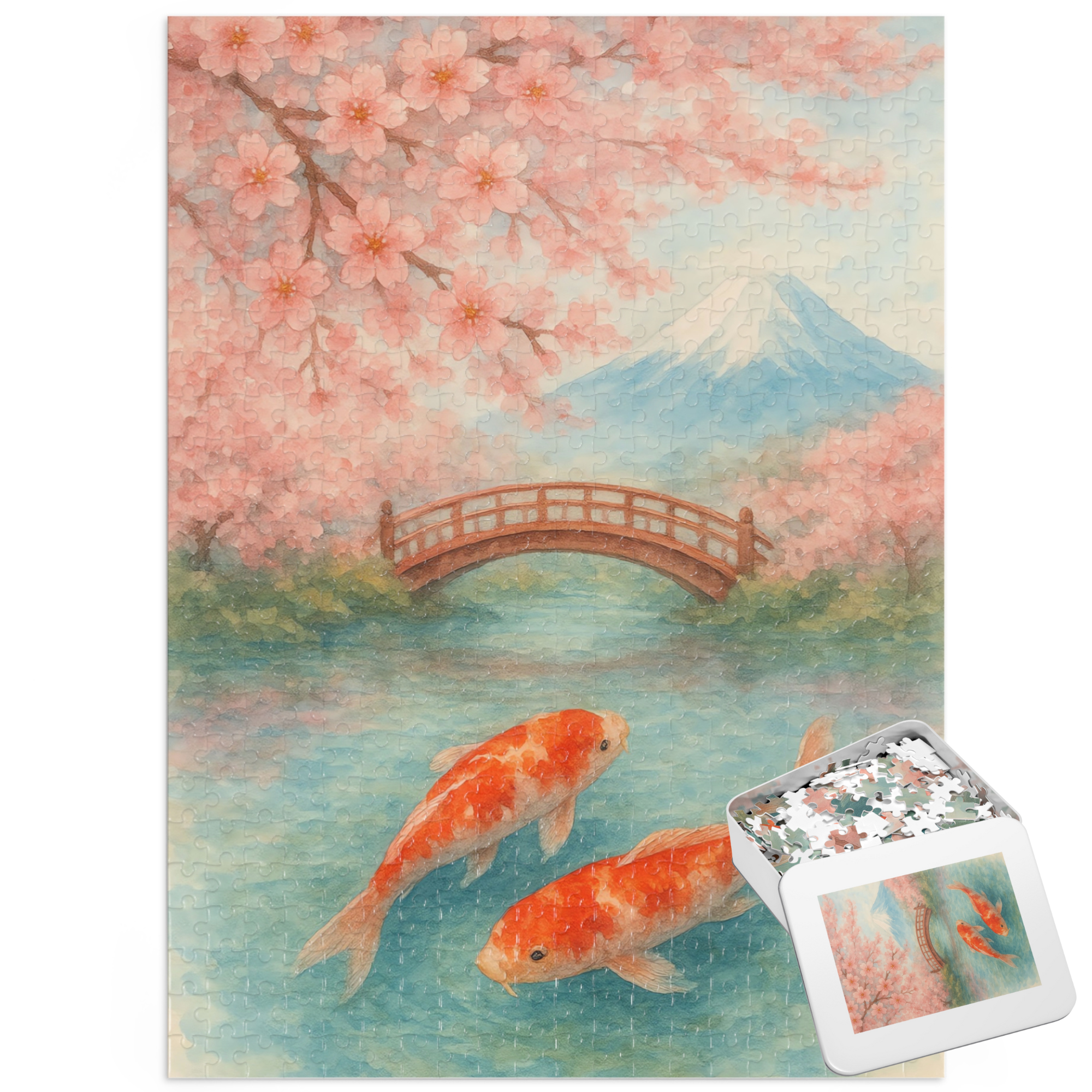 Mount Fuji &amp; Koi Fish Jigsaw Puzzle - Japanese Cherry Blossom Art