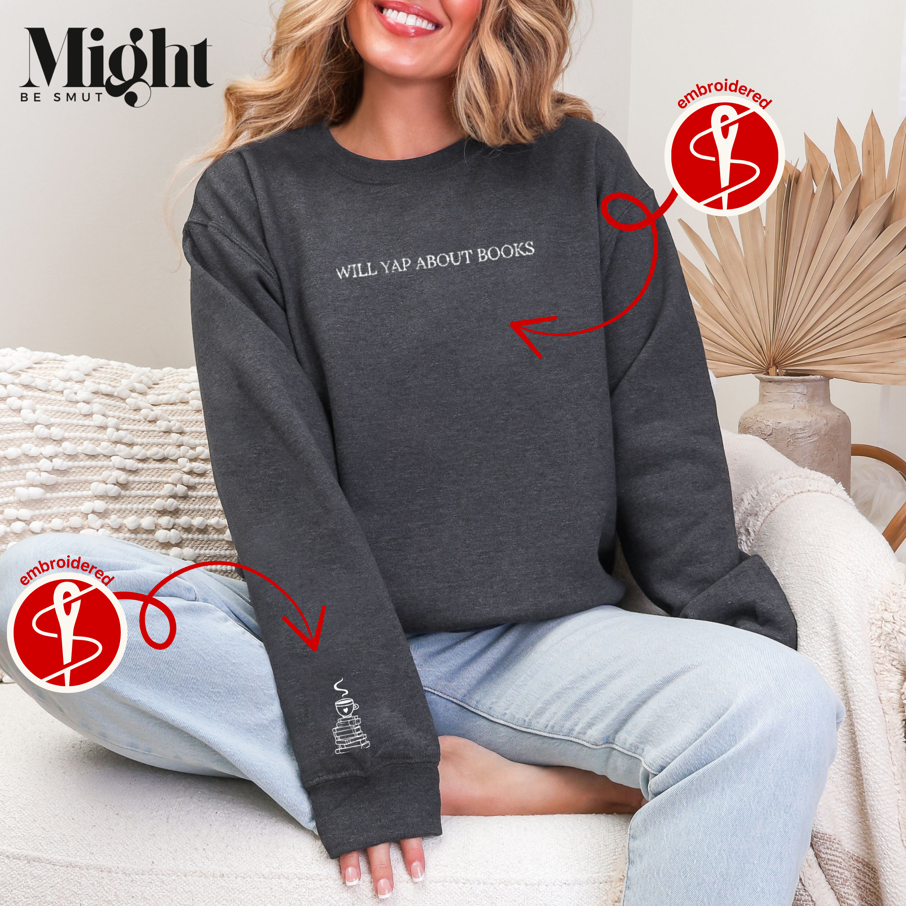 Embroidered Crewneck Sweatshirt Will Yap About Books product thumbnail image Embroidered Crewneck Sweatshirt Will Yap About Books product thumbnail image