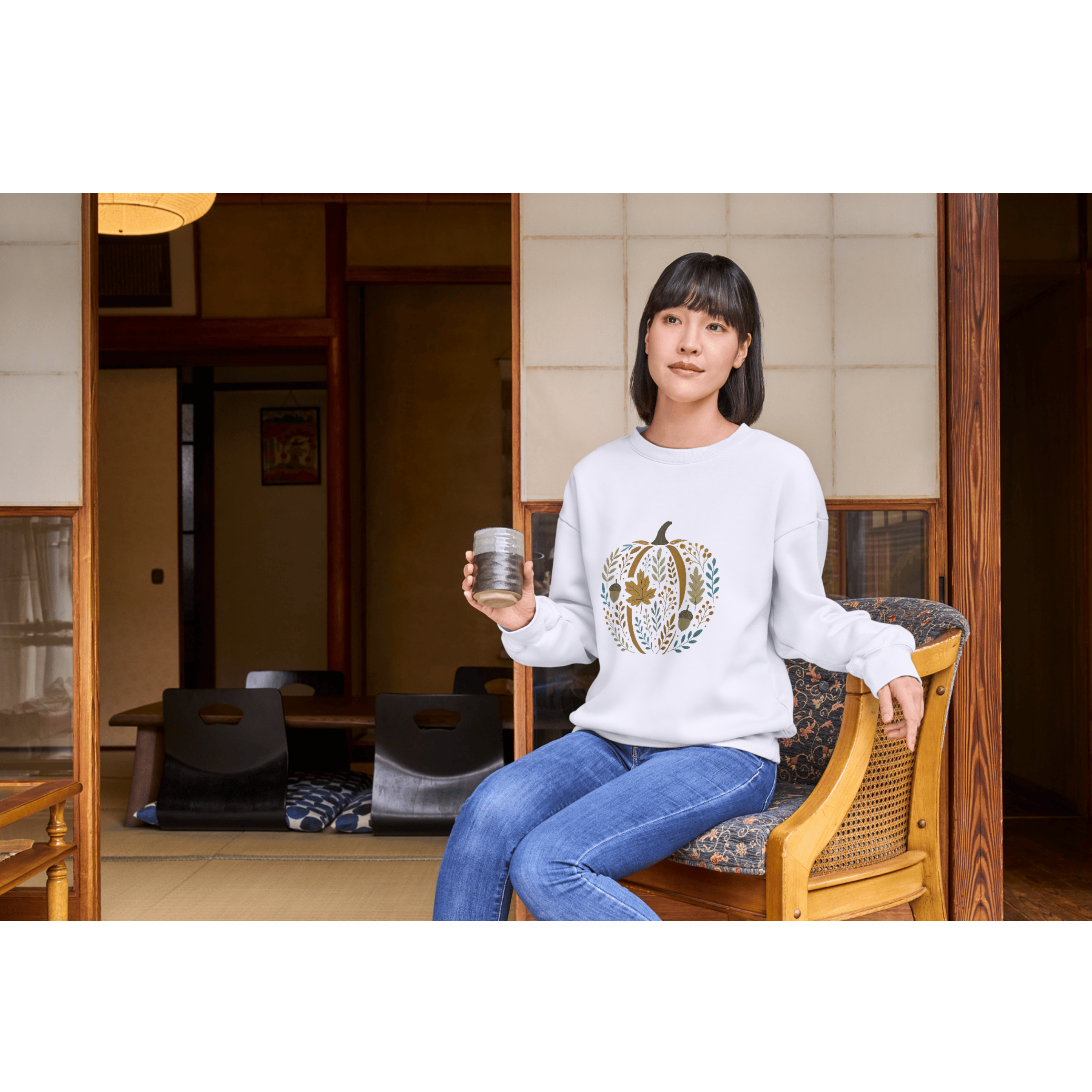 Cozy Fall Pumpkin Sweatshirt – Autumn Botanical Leaves &amp; Acorn Design | Rustic Harvest Aesthetic Pullover | Cute Fall Outfit product thumbnail image