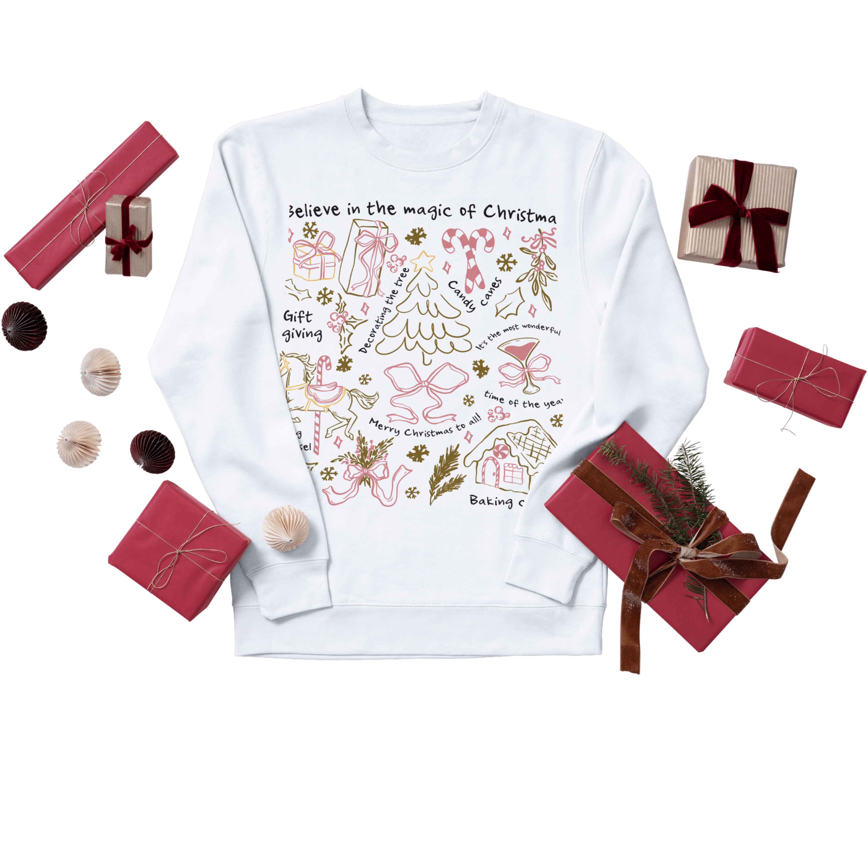 Whimsical Christmas Doodle Sweatshirt – Pink & Gold Holiday Icons | Cozy Festive Pullover | Cute Xmas Sweater product thumbnail image Whimsical Christmas Doodle Sweatshirt – Pink & Gold Holiday Icons | Cozy Festive Pullover | Cute Xmas Sweater product thumbnail image