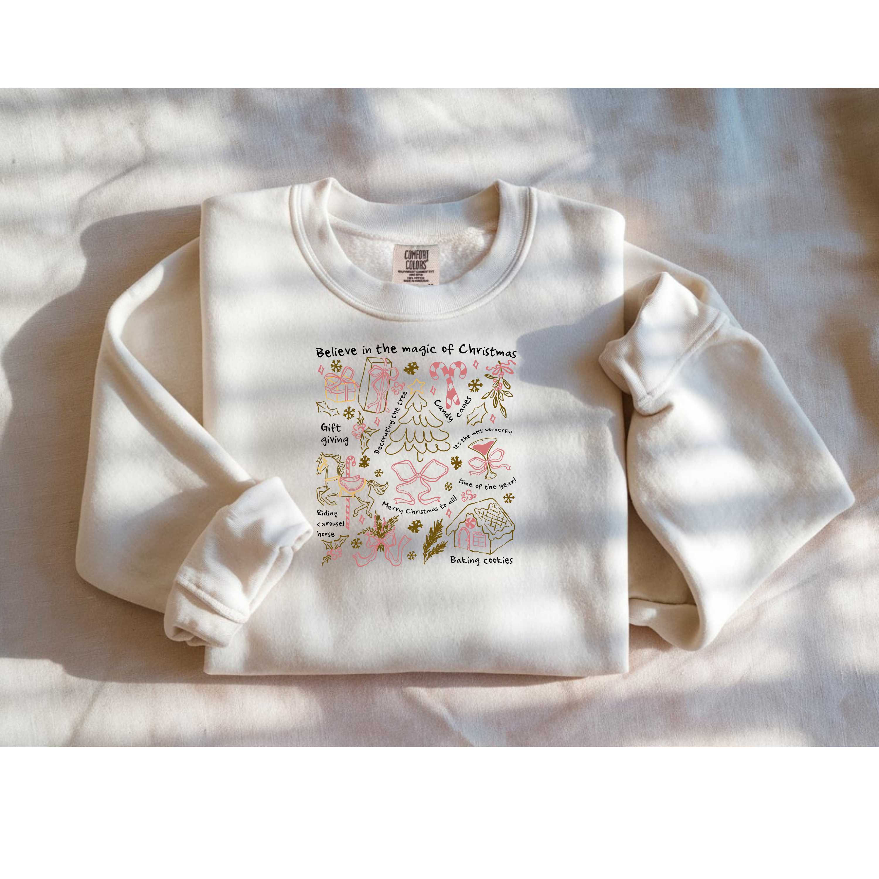 Whimsical Christmas Doodle Sweatshirt – Pink &amp; Gold Holiday Icons | Cozy Festive Pullover | Cute Xmas Sweater product thumbnail image