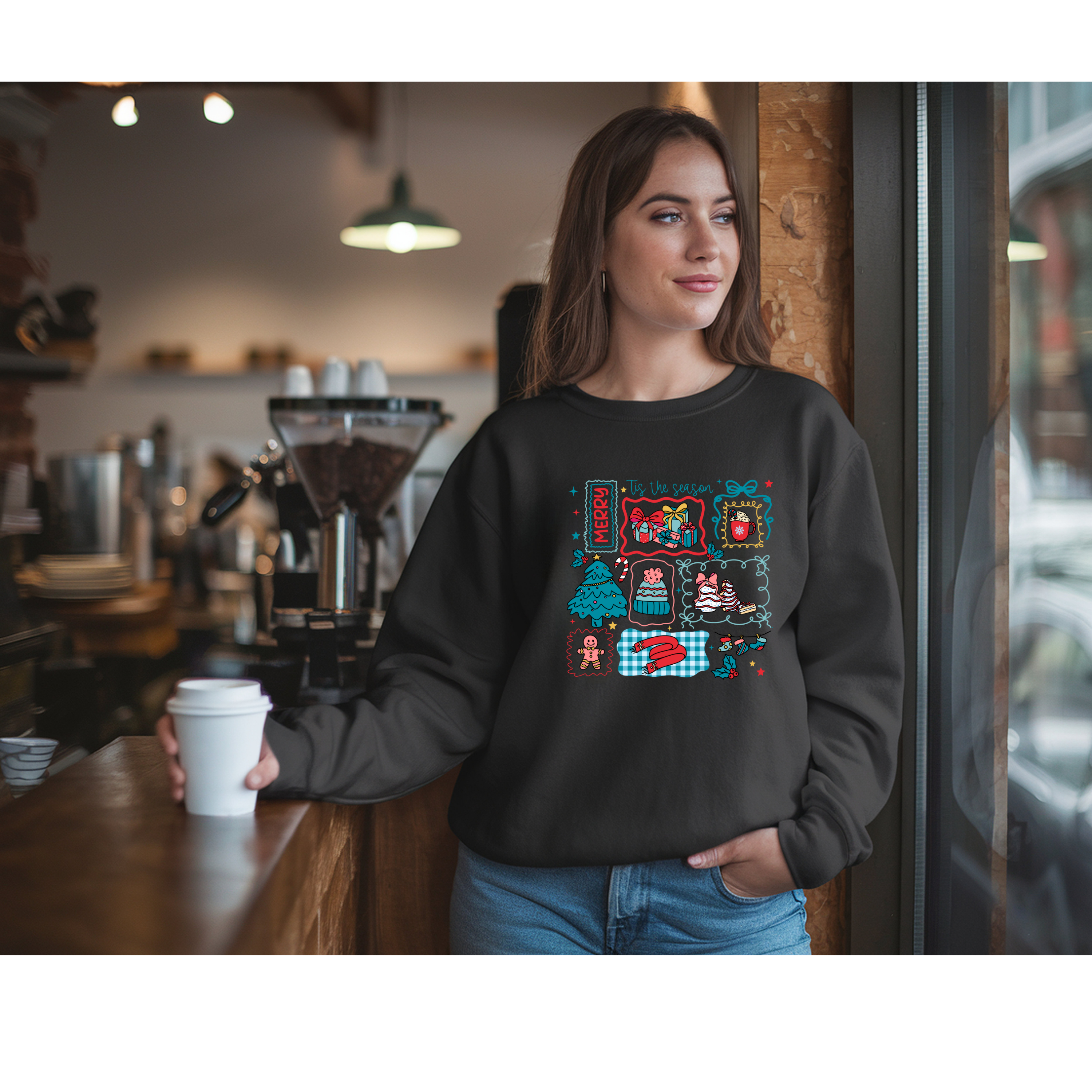 Retro Christmas Sweatshirt – Colorful Holiday Doodle Design | ’Tis the Season Cozy Pullover | Cute Festive Xmas Sweater product thumbnail image