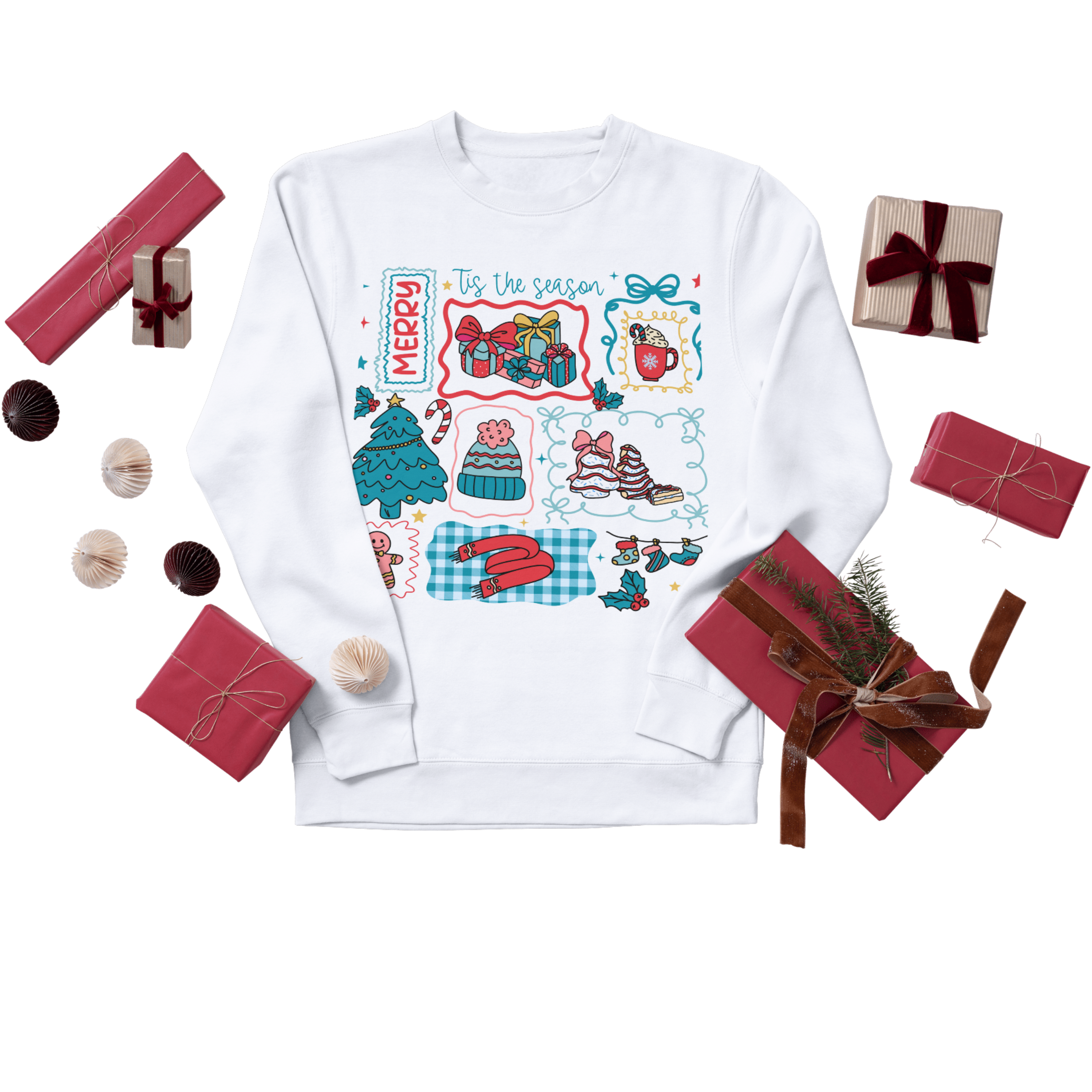 Retro Christmas Sweatshirt – Colorful Holiday Doodle Design | ’Tis the Season Cozy Pullover | Cute Festive Xmas Sweater product thumbnail image Retro Christmas Sweatshirt – Colorful Holiday Doodle Design | ’Tis the Season Cozy Pullover | Cute Festive Xmas Sweater product thumbnail image