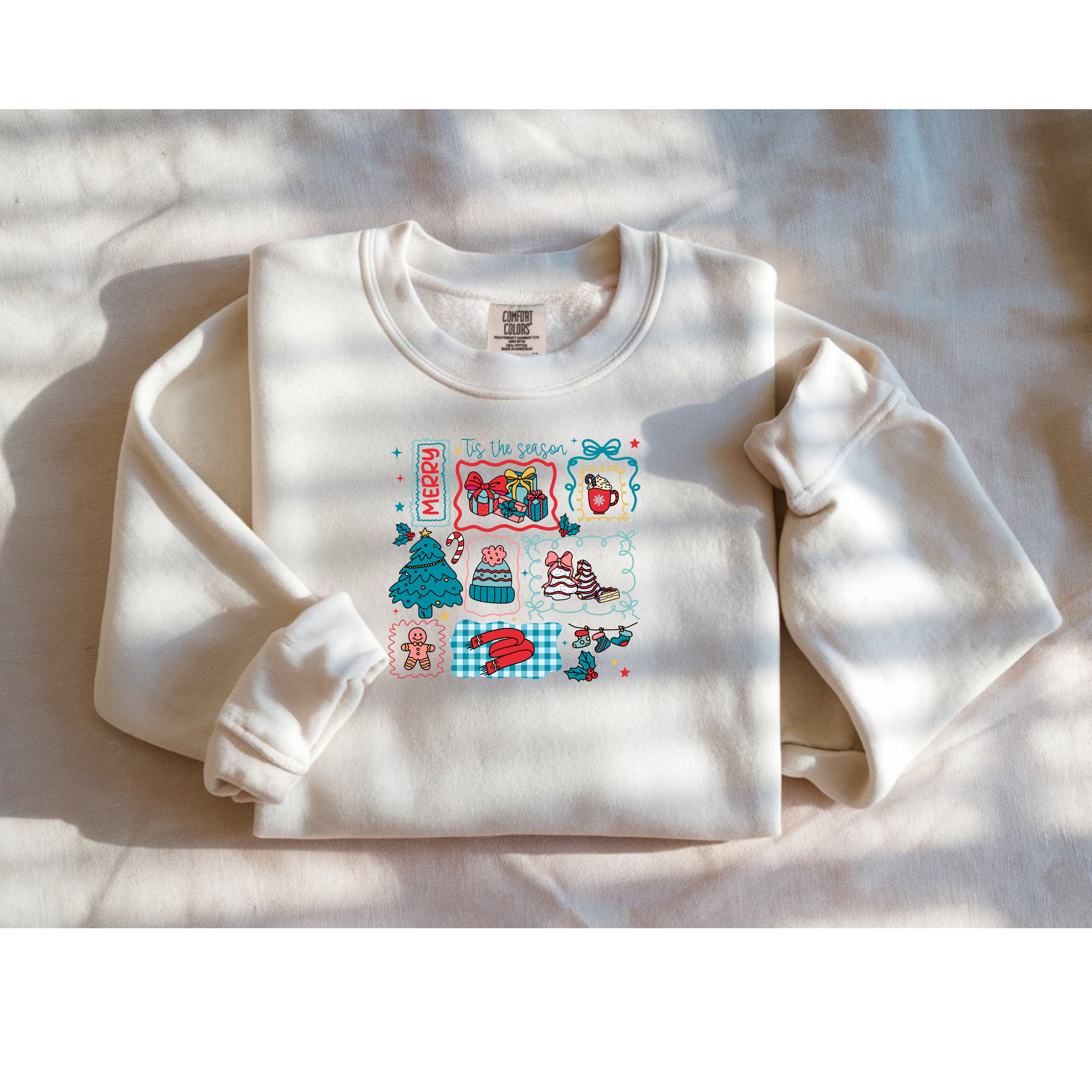 Retro Christmas Sweatshirt – Colorful Holiday Doodle Design | ’Tis the Season Cozy Pullover | Cute Festive Xmas Sweater product thumbnail image