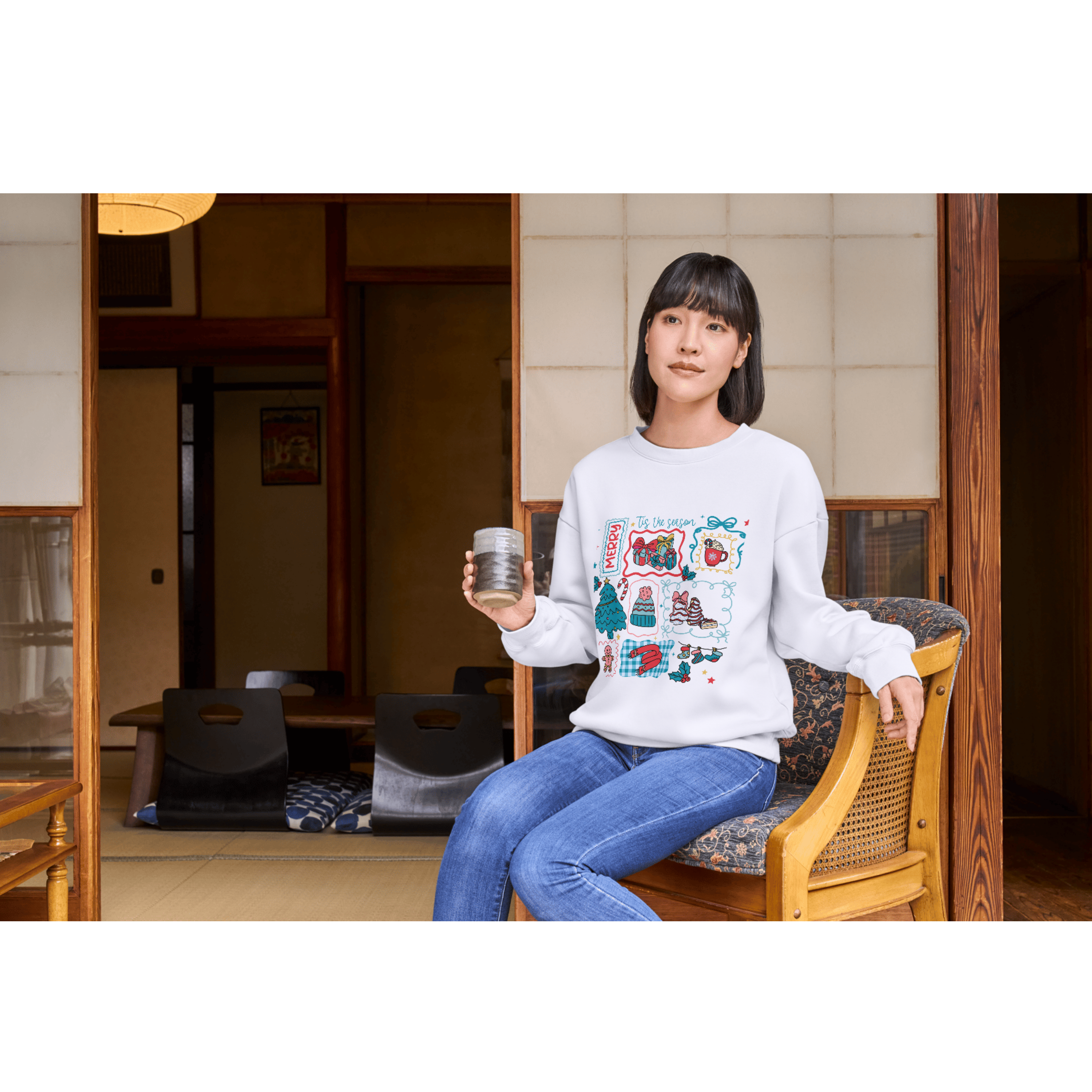 Retro Christmas Sweatshirt – Colorful Holiday Doodle Design | ’Tis the Season Cozy Pullover | Cute Festive Xmas Sweater product thumbnail image