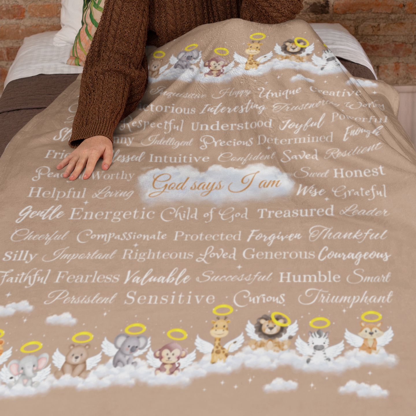 "God says I am" Angel Zoo Animal Blanket in Mocha product thumbnail image "God says I am" Angel Zoo Animal Blanket in Mocha product thumbnail image