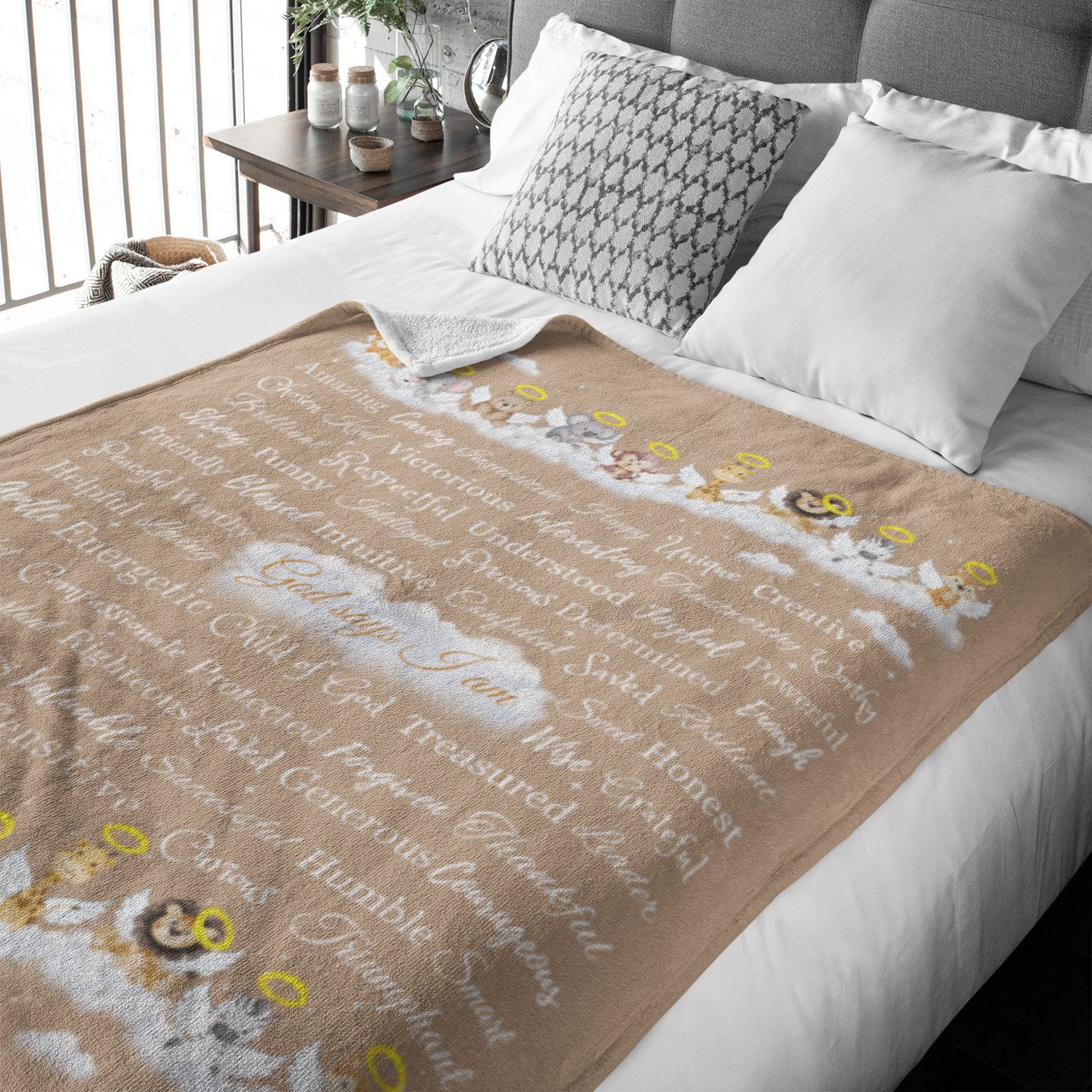 "God says I am" Angel Zoo Animal Blanket in Mocha product thumbnail image "God says I am" Angel Zoo Animal Blanket in Mocha product thumbnail image