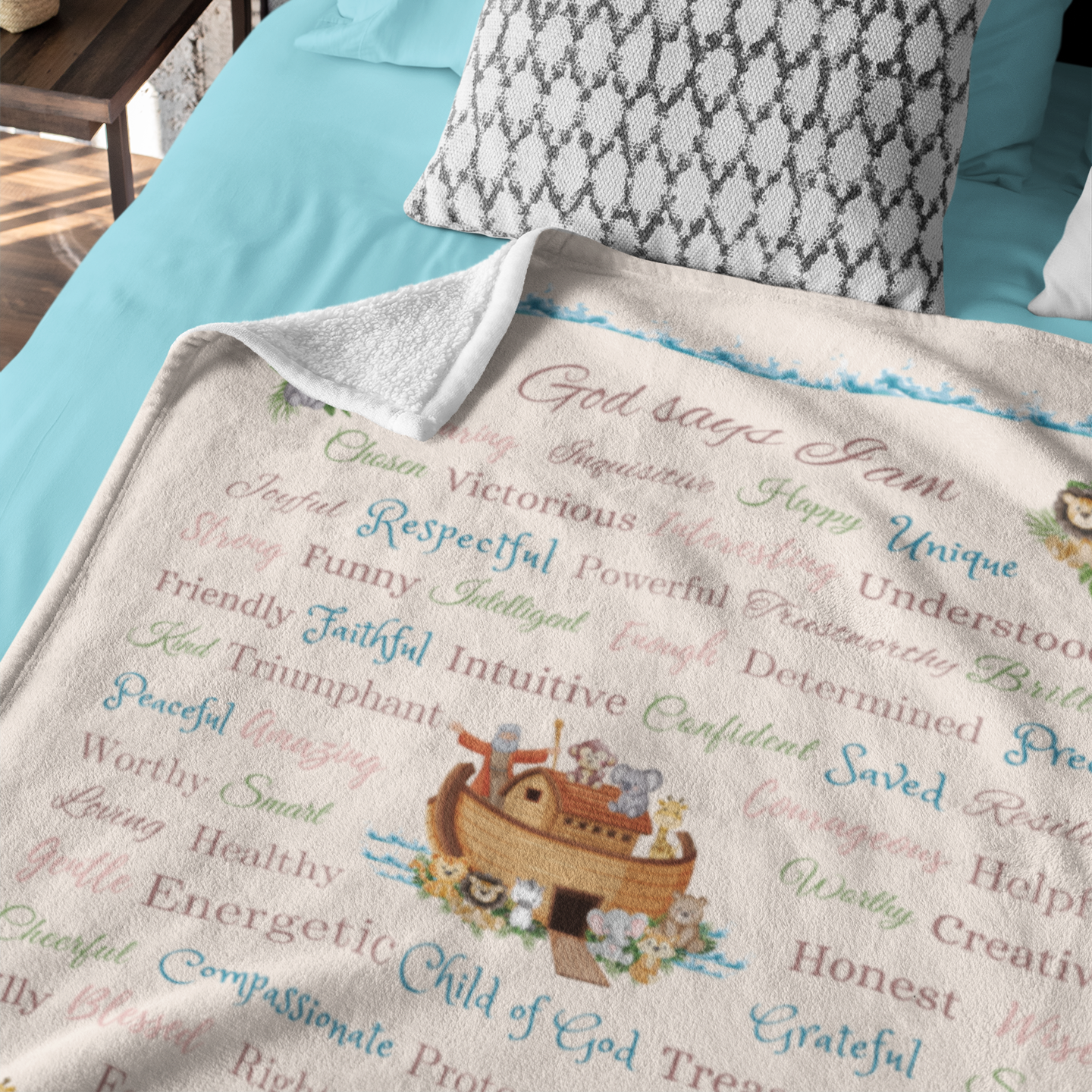 "God says I am" with Noah's Ark Blanket in Cream product thumbnail image
